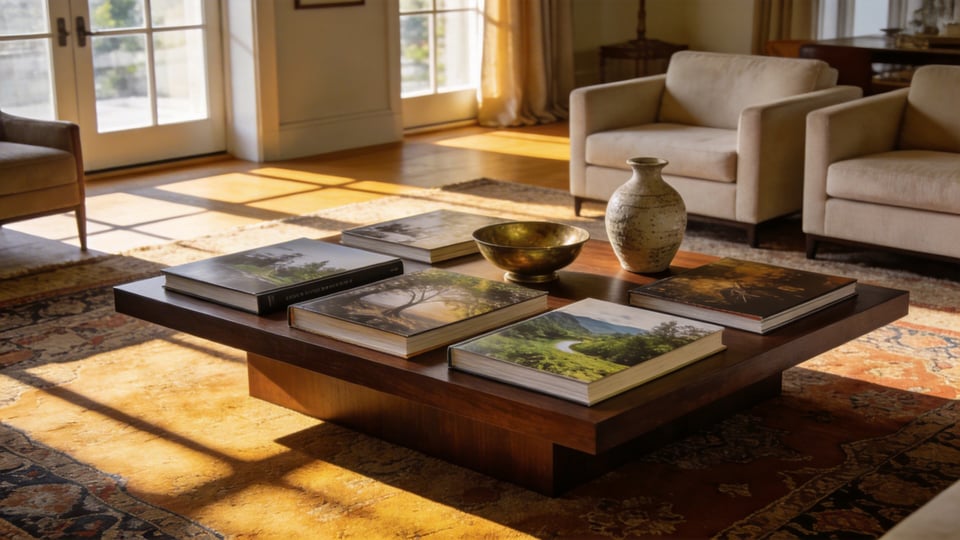 A wide shot of a low wooden coffee table decorated with large art books and vintage accents in a bright, modern living room.