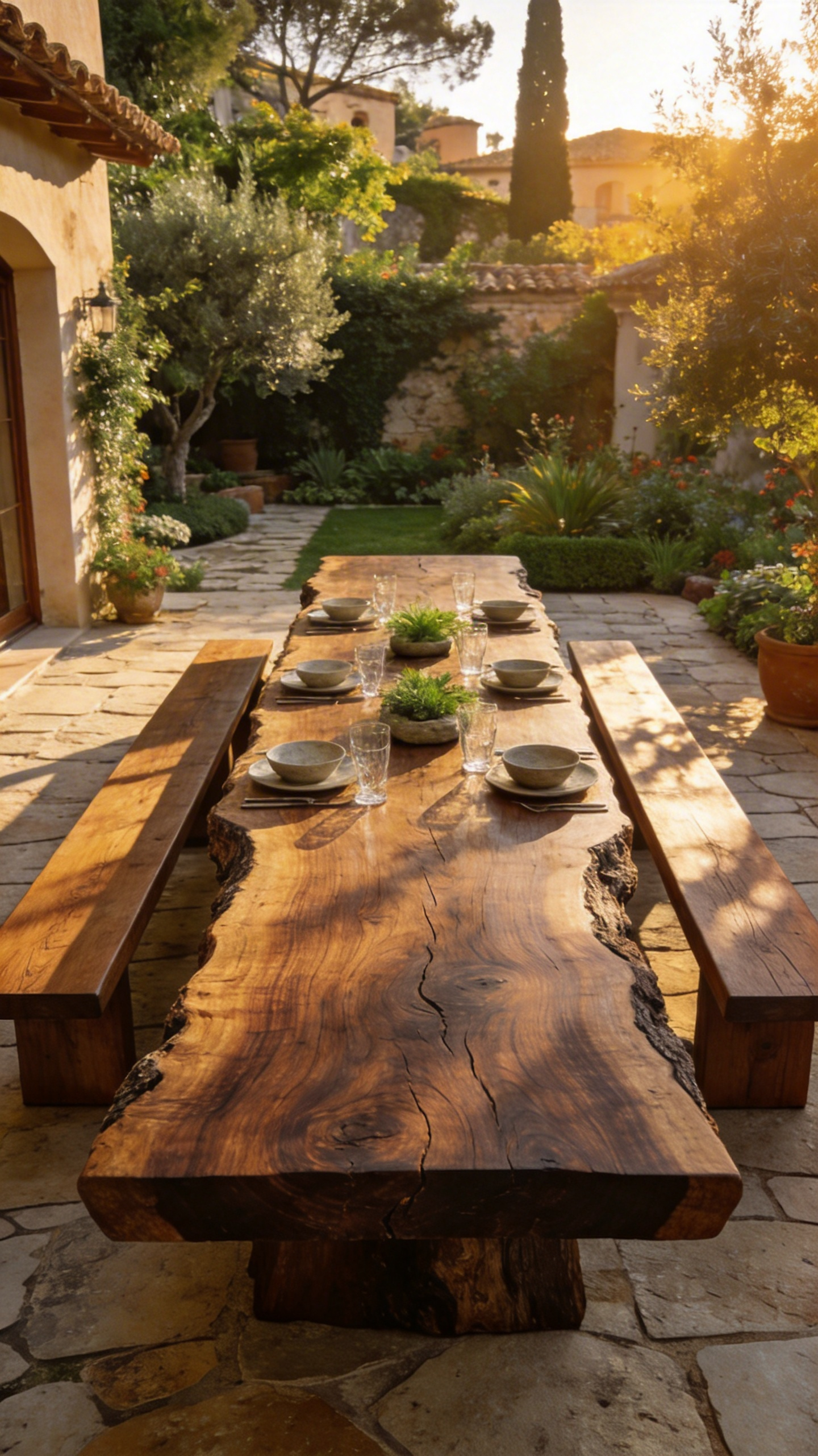 A long raw-edge timber dining table with matching wooden benches on a modern outdoor patio surrounded by lush greenery.