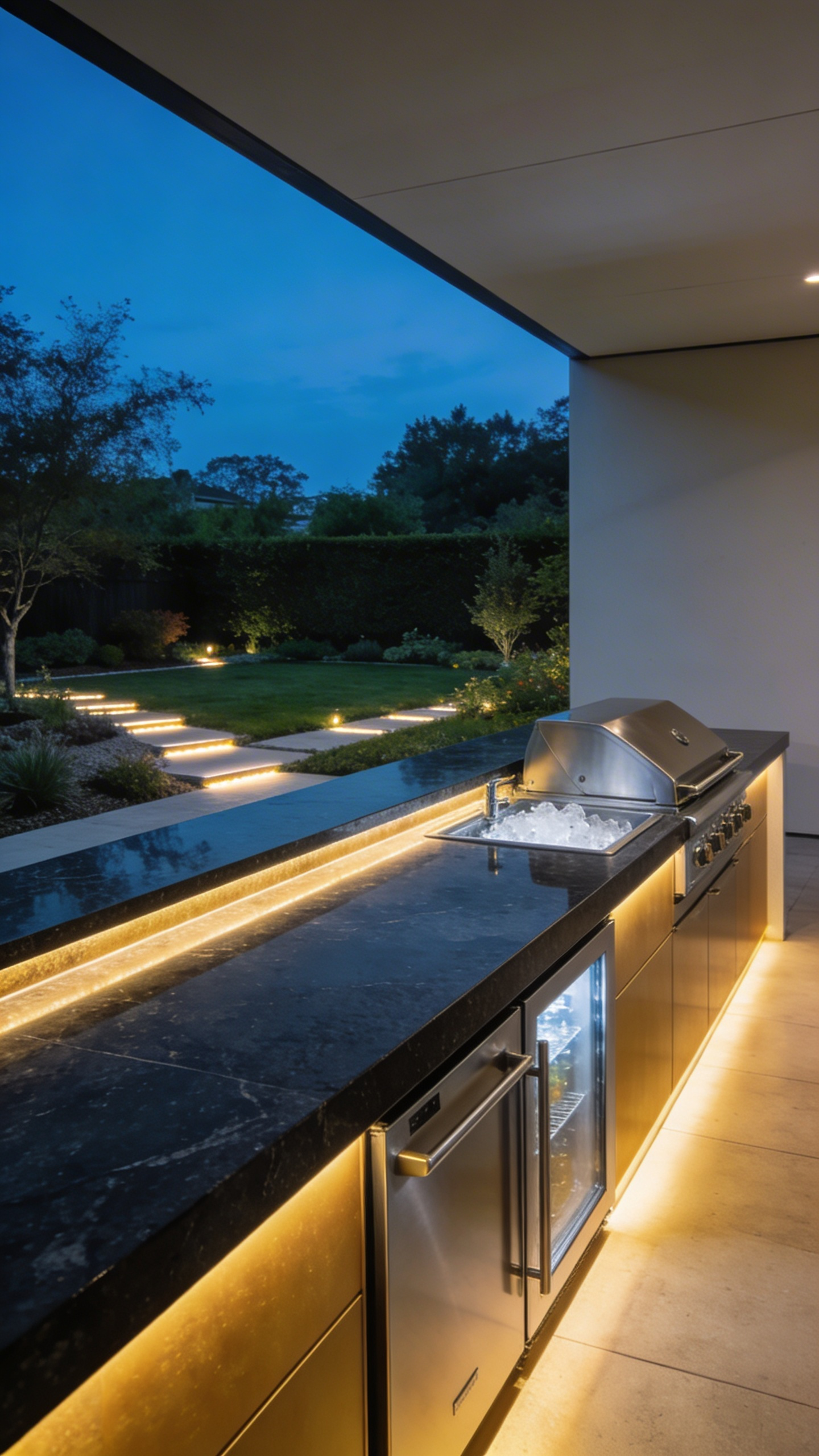 A modern compact outdoor bar station with stainless steel appliances and a stone countertop integrated into a patio perimeter.