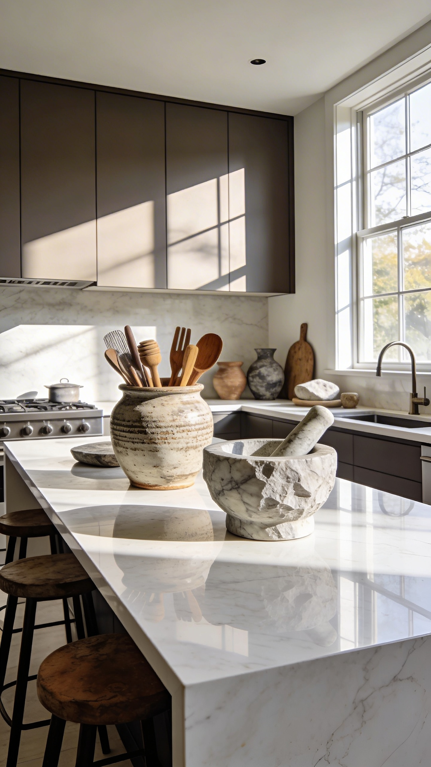 A modern kitchen island with polished quartz surfaces decorated with artisanal stoneware crocks and stone kitchen artifacts.