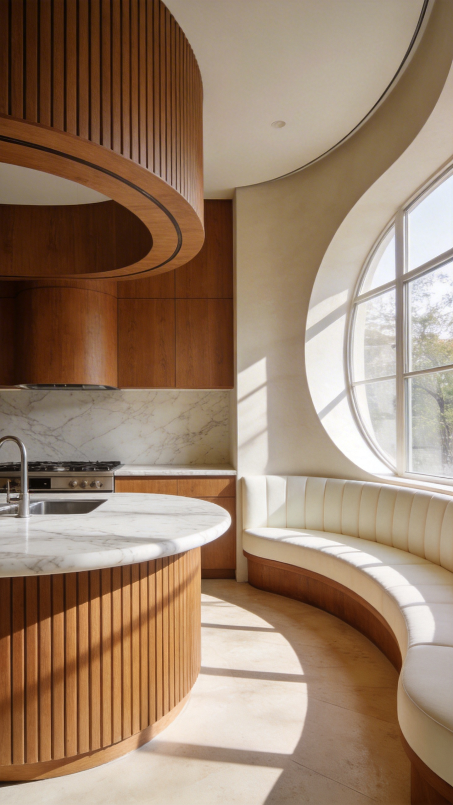A modern kitchen interior showcasing a curved wooden island with marble tops and a matching rounded banquette seating area.