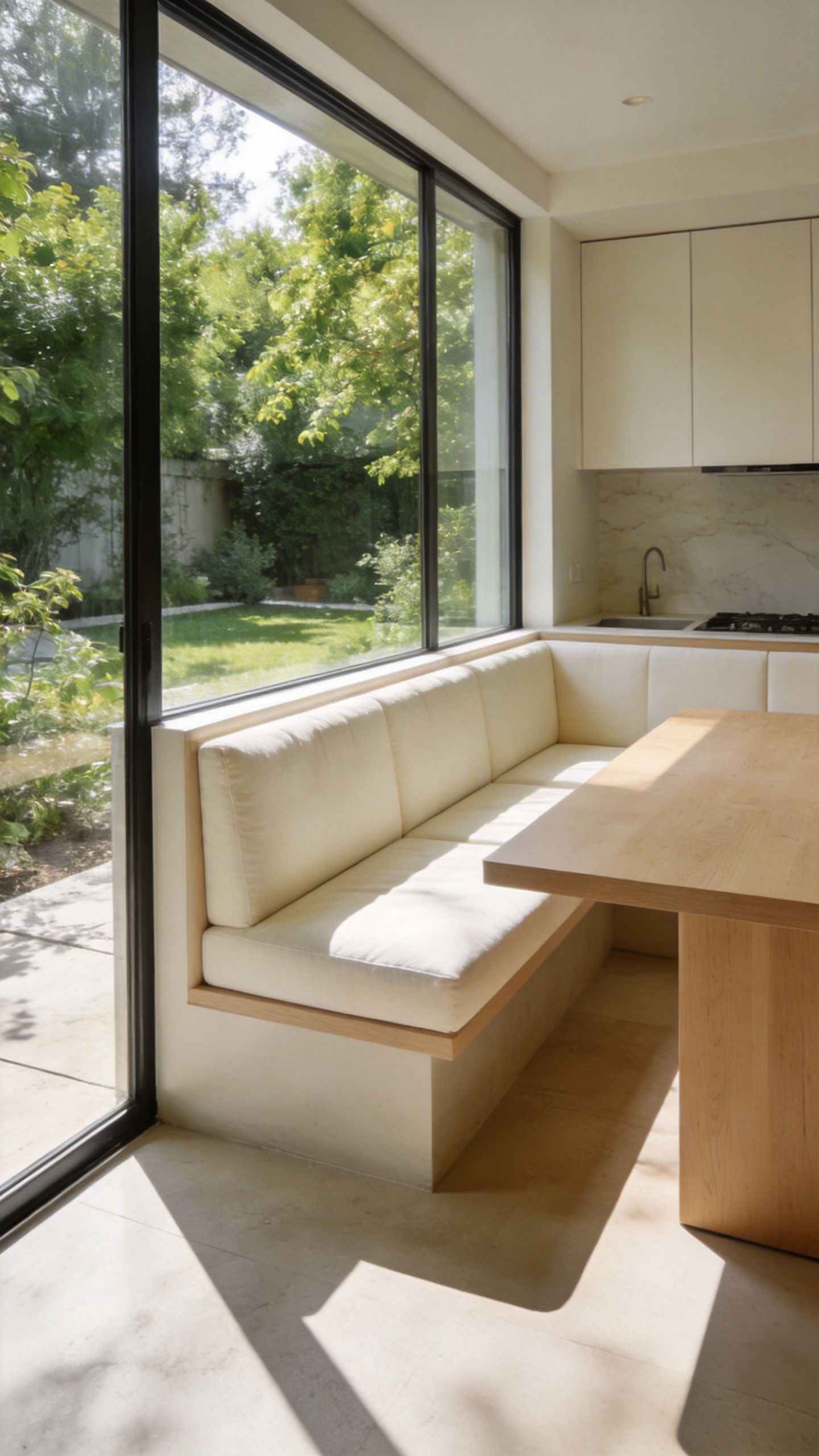 A modern kitchen alcove with a built-in cream banquette and wooden table surrounded by large windows overlooking a garden.