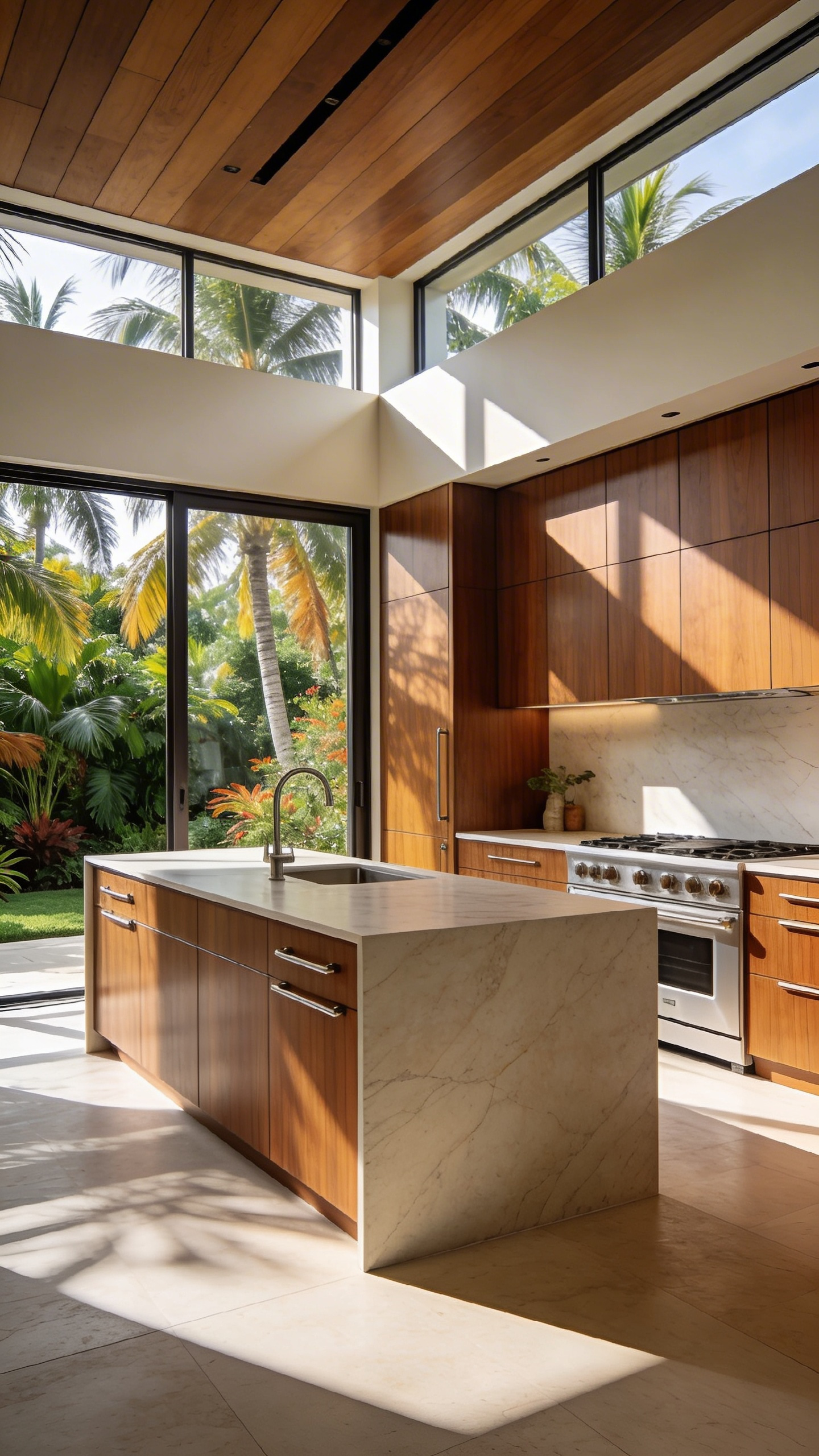 A modern tropical dream kitchen featuring durable marine-grade cabinetry designed to resist high humidity and steam.
