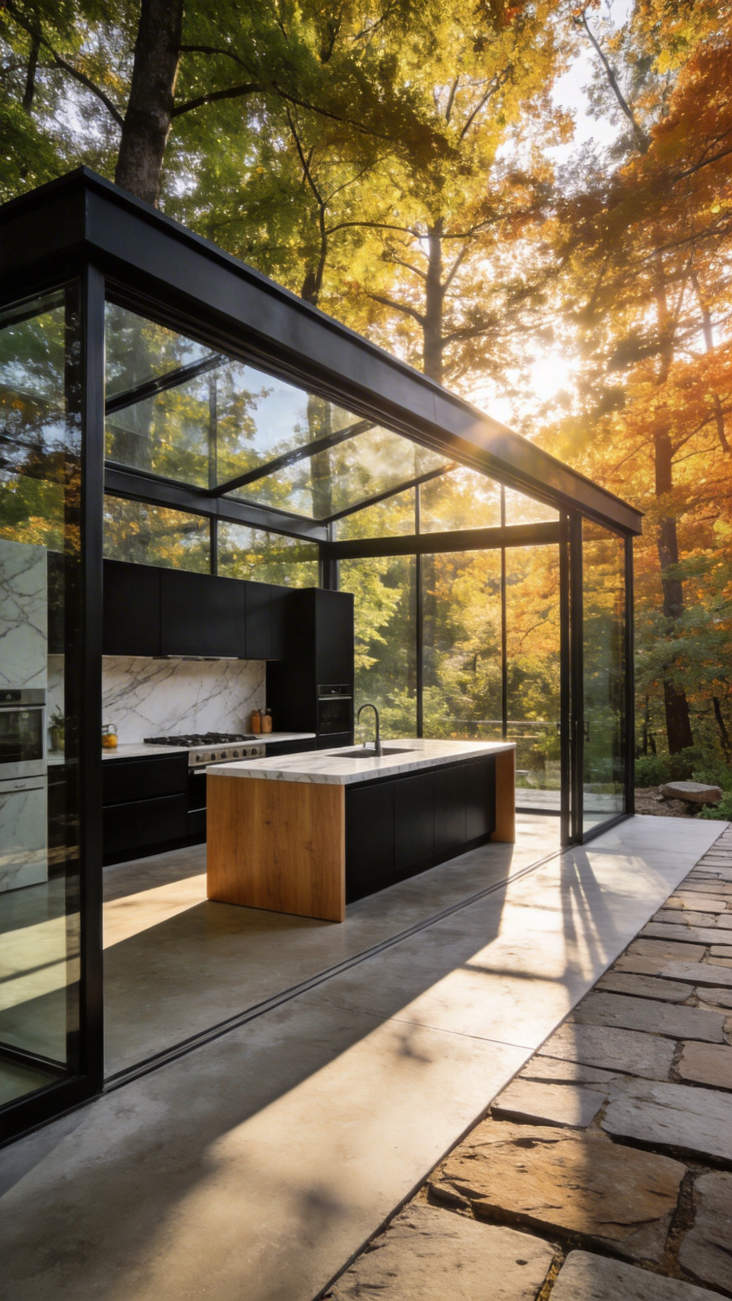 A luxury modern kitchen with floor-to-ceiling glass walls that seamlessly connect the indoor cooking area to a vibrant outdoor forest landscape.