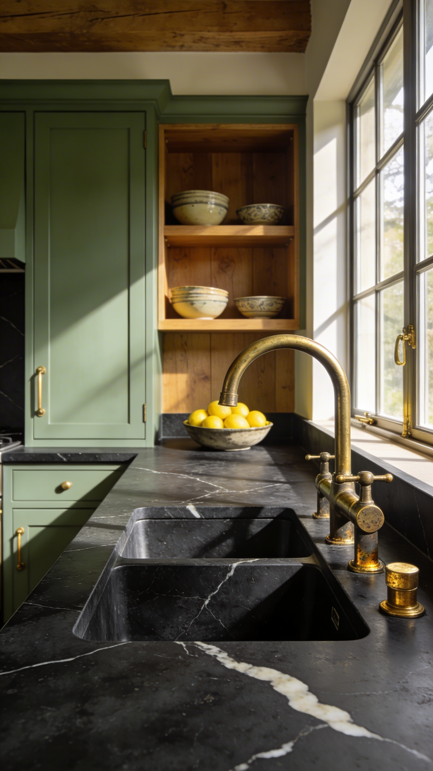 A luxurious kitchen featuring honed soapstone countertops and unlacquered brass hardware with a natural aged patina under soft window lighting.