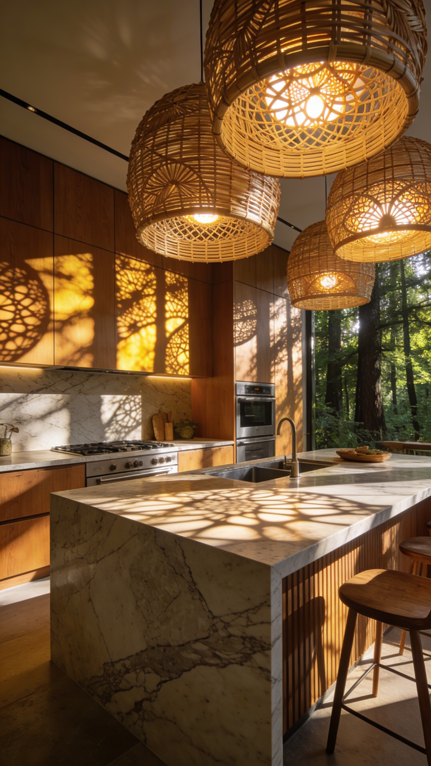 A luxury modern kitchen featuring woven bamboo pendant lights that cast rhythmic fractal shadows over a marble island and wooden cabinetry.