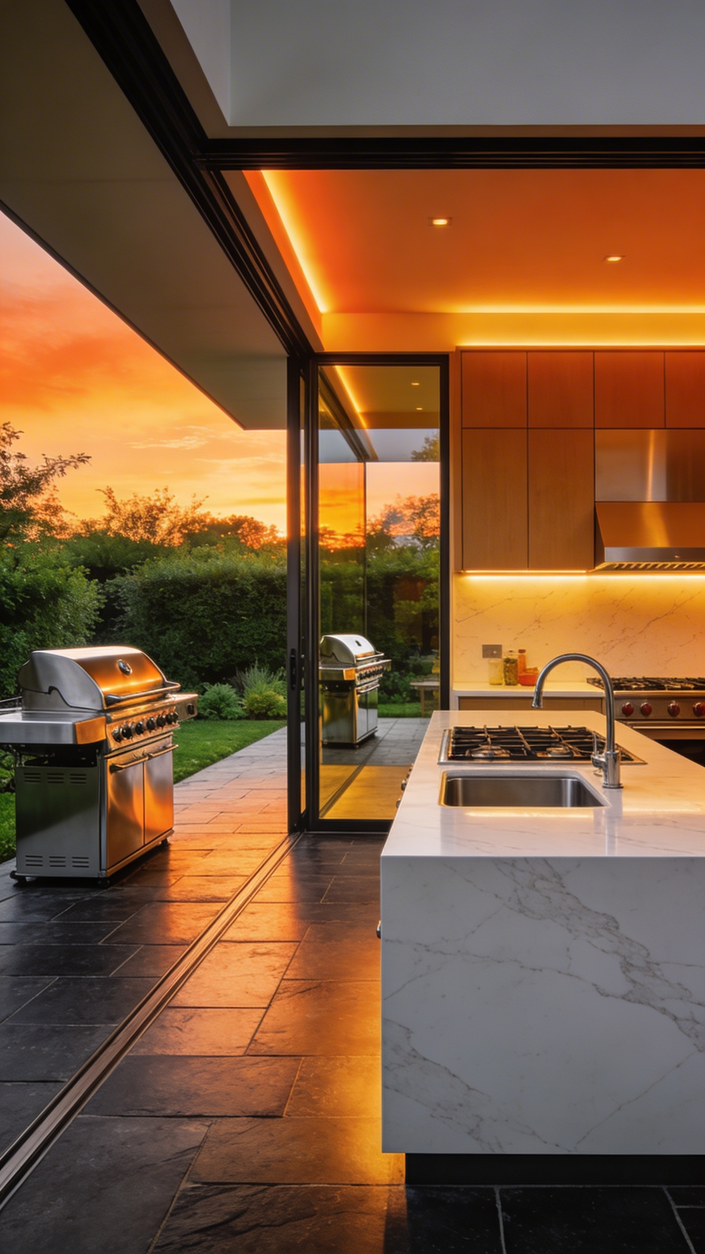 A seamless luxury kitchen extension showing an indoor cooking area transitioning into an identical outdoor al fresco prep zone with matching marble countertops and slate flooring.