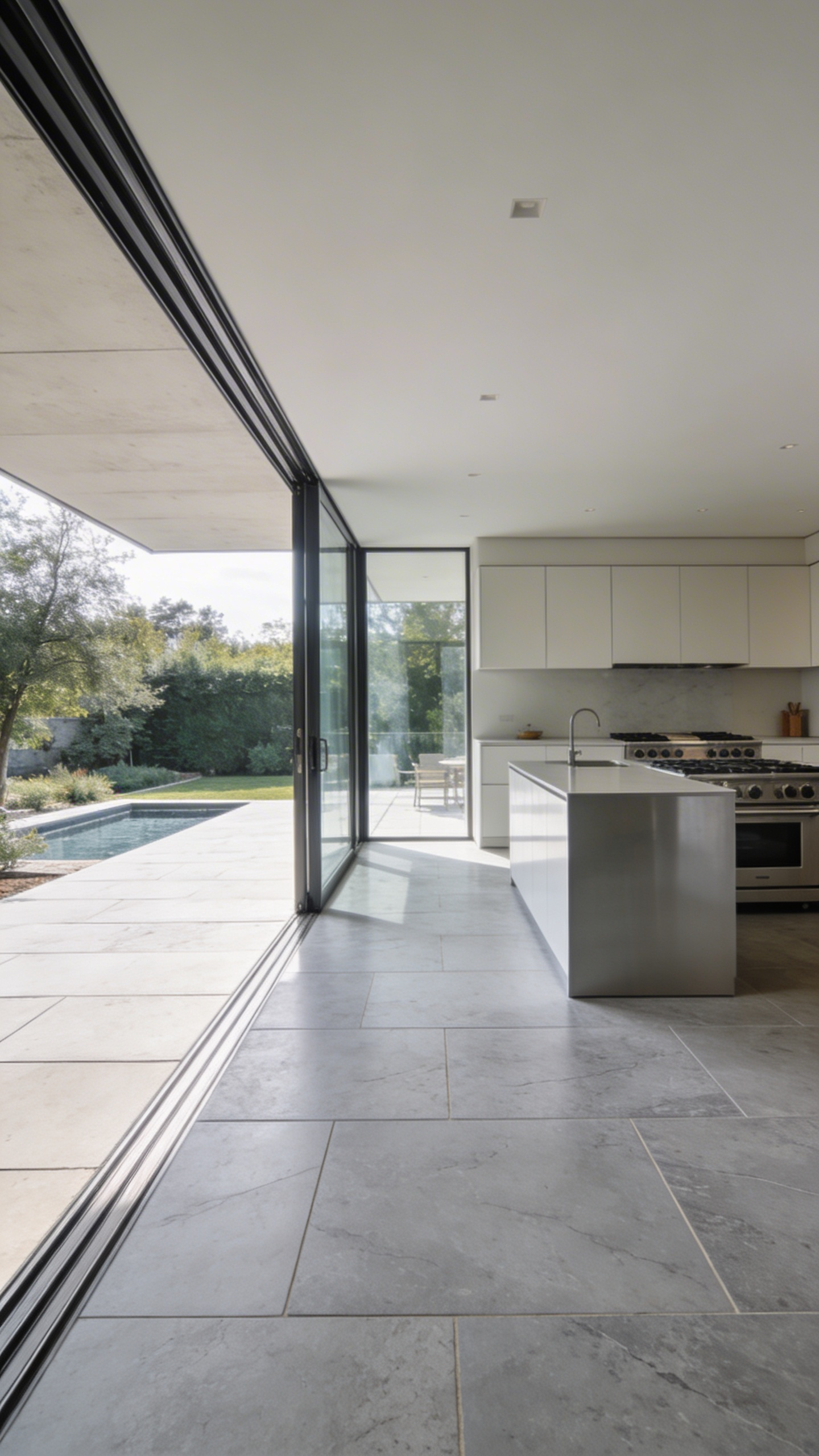 A high-end kitchen and patio sharing a continuous large-format stone floor to create a sense of visual expansion and infinite space.