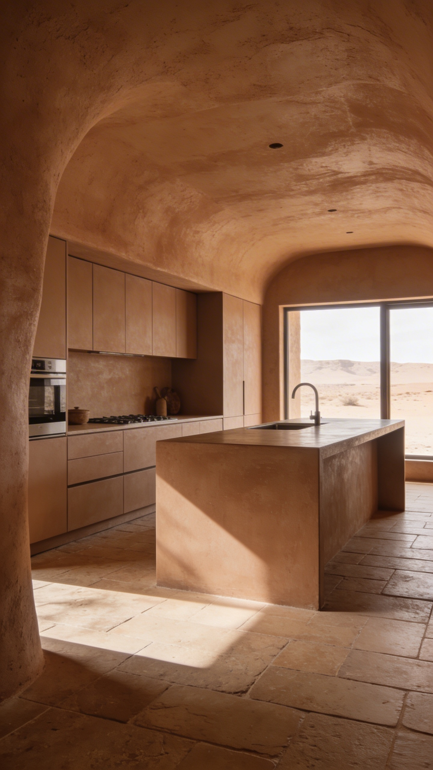 A modern kitchen with monochromatic color drenching in earthy baked clay hues featuring matte cabinetry and a stone island.