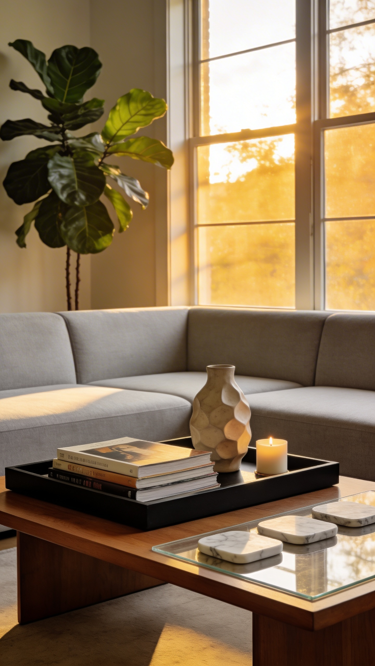 A modern walnut coffee table in a sunlit living room styled with a decorative tray and minimalist accessories for a functional yet aesthetic look.