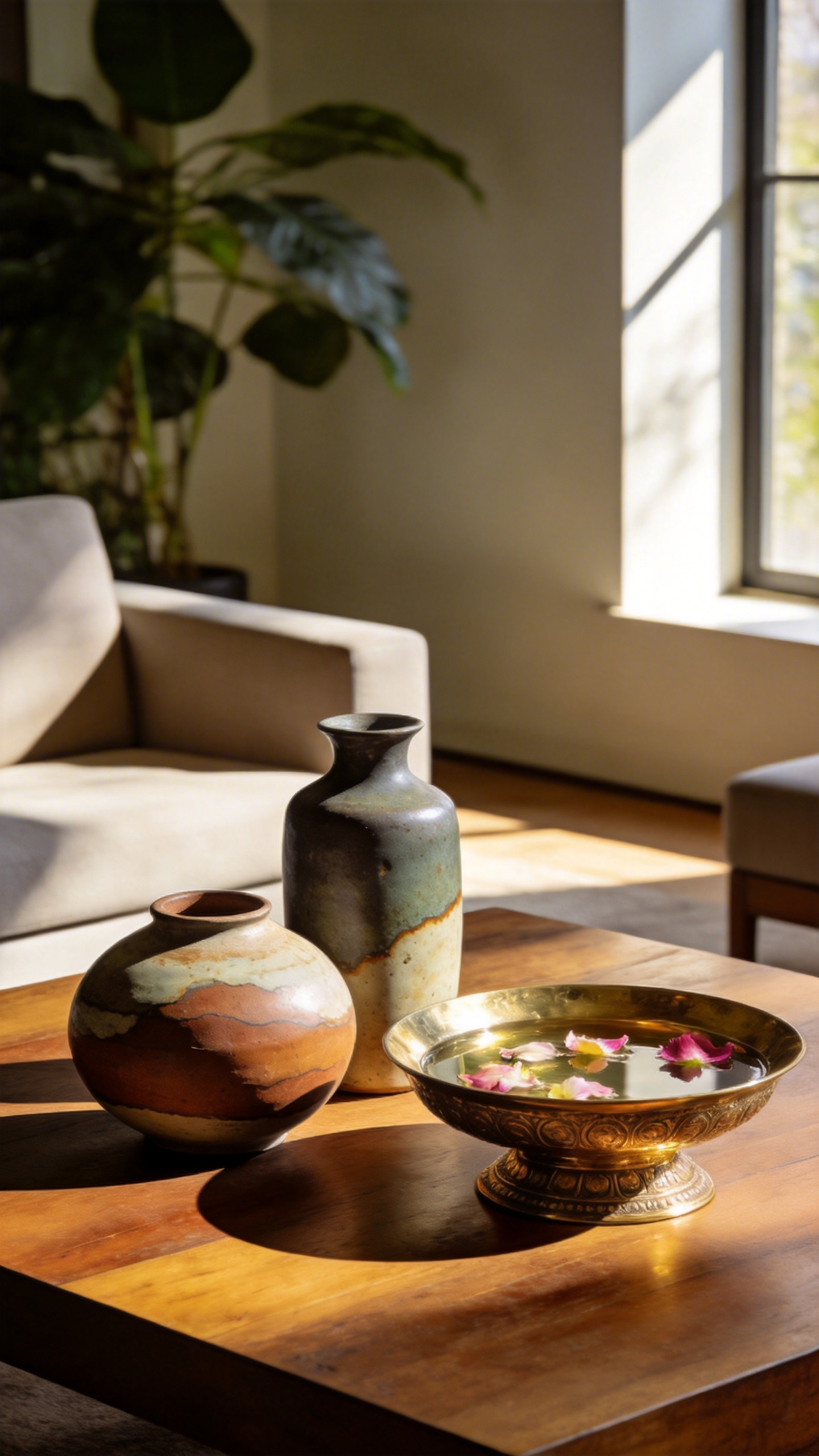 A modern living room coffee table styled with matte British ceramics and a shiny South Asian brass Urli bowl.