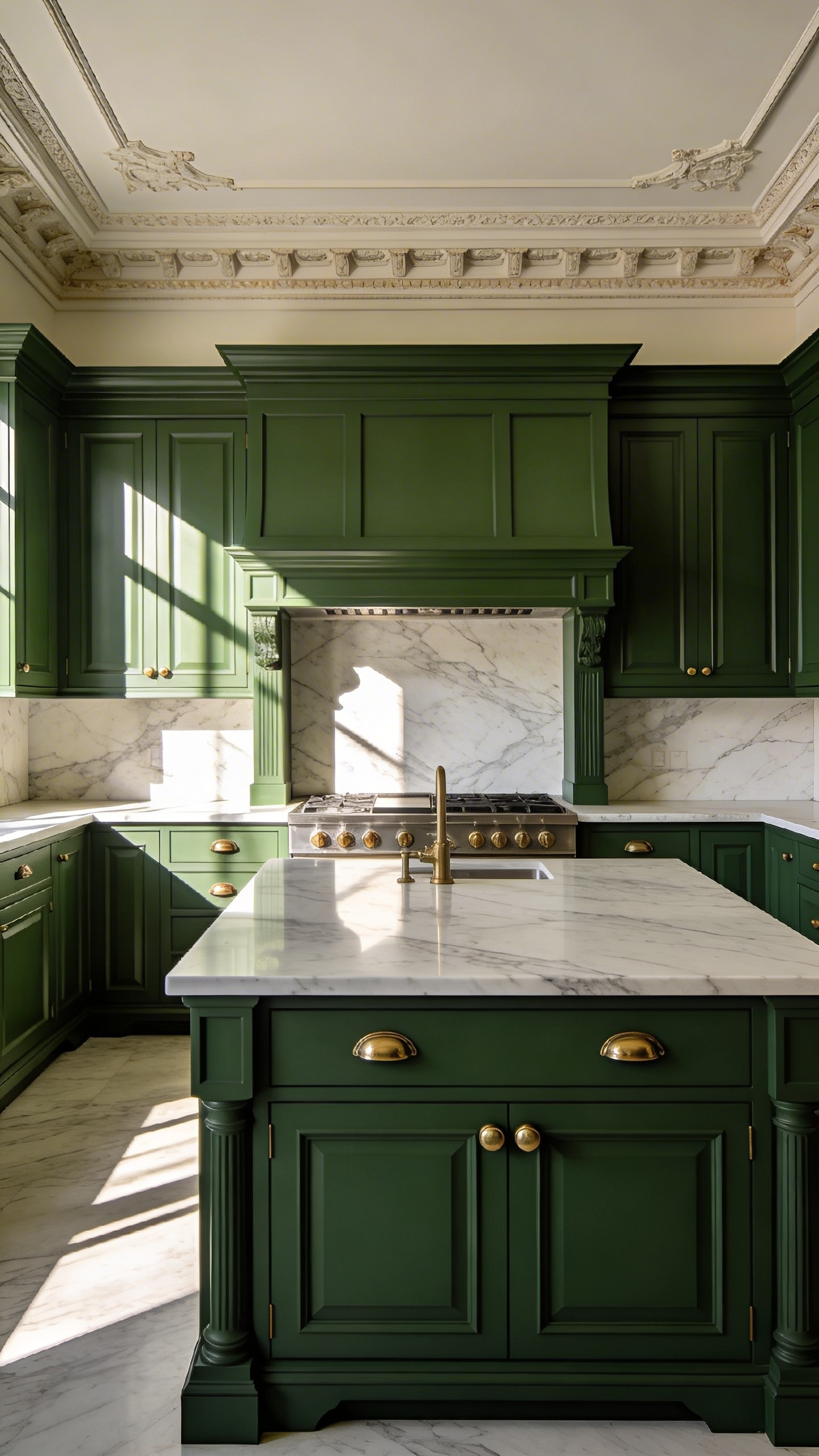 Luxurious traditional kitchen featuring bespoke French Provincial cabinetry hand-painted in deep sage green, showcasing subtle brushstroke texture and intricate molding under bright directional light.