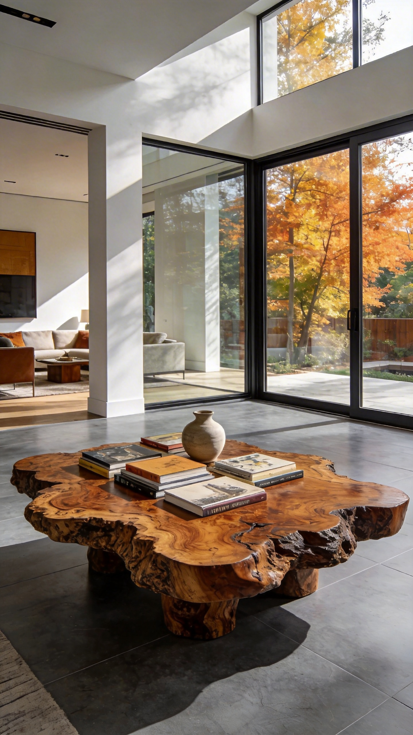 A vintage burl walnut coffee table with rich wood grain in a modern minimalist living room setting.