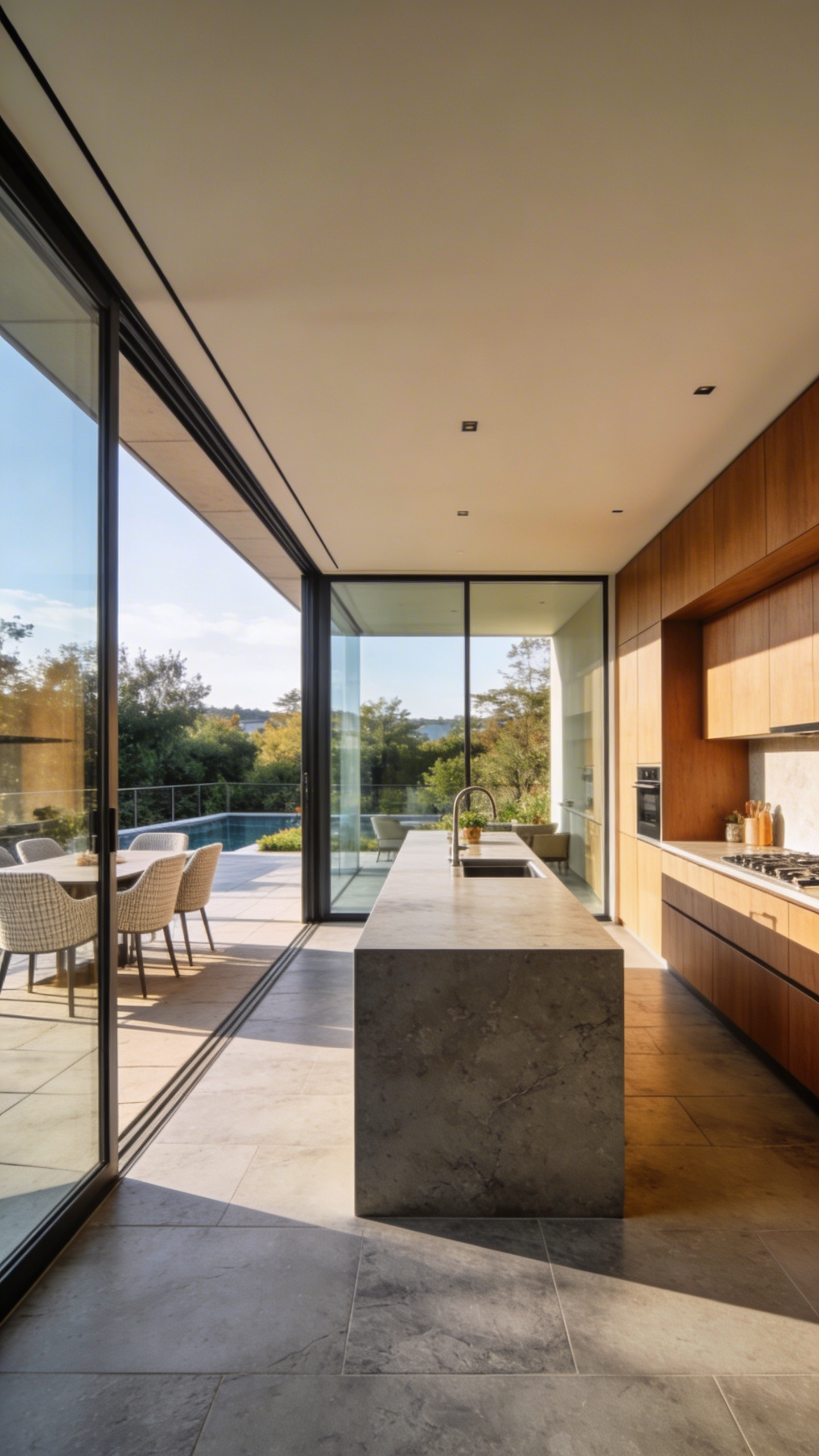 A contemporary kitchen with an island extending to an outdoor patio through a glass wall showcasing a seamless furniture flow.