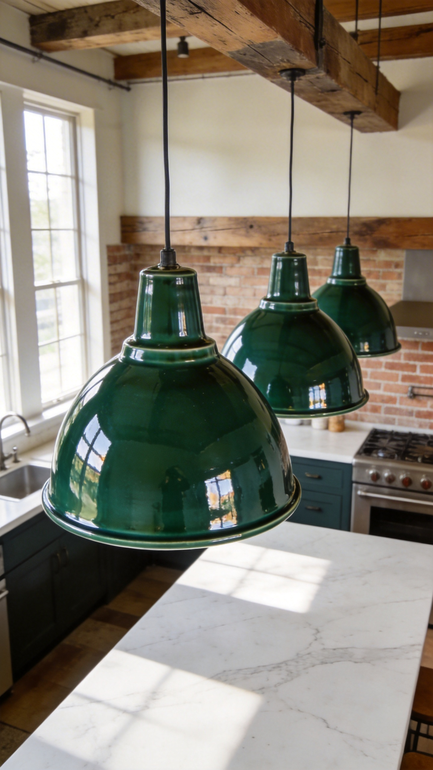 Three glossy green enamel industrial kitchen light shades hanging over a marble island in a bright kitchen.