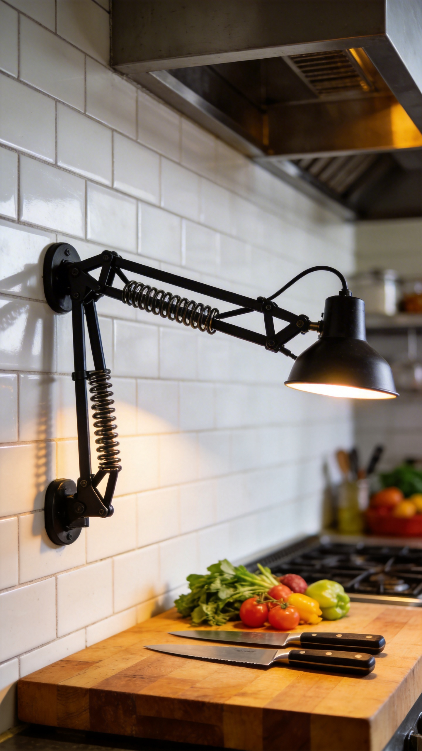 A modern industrial kitchen featuring an articulating draftsman sconce light positioned over a wooden butcher block prep counter.