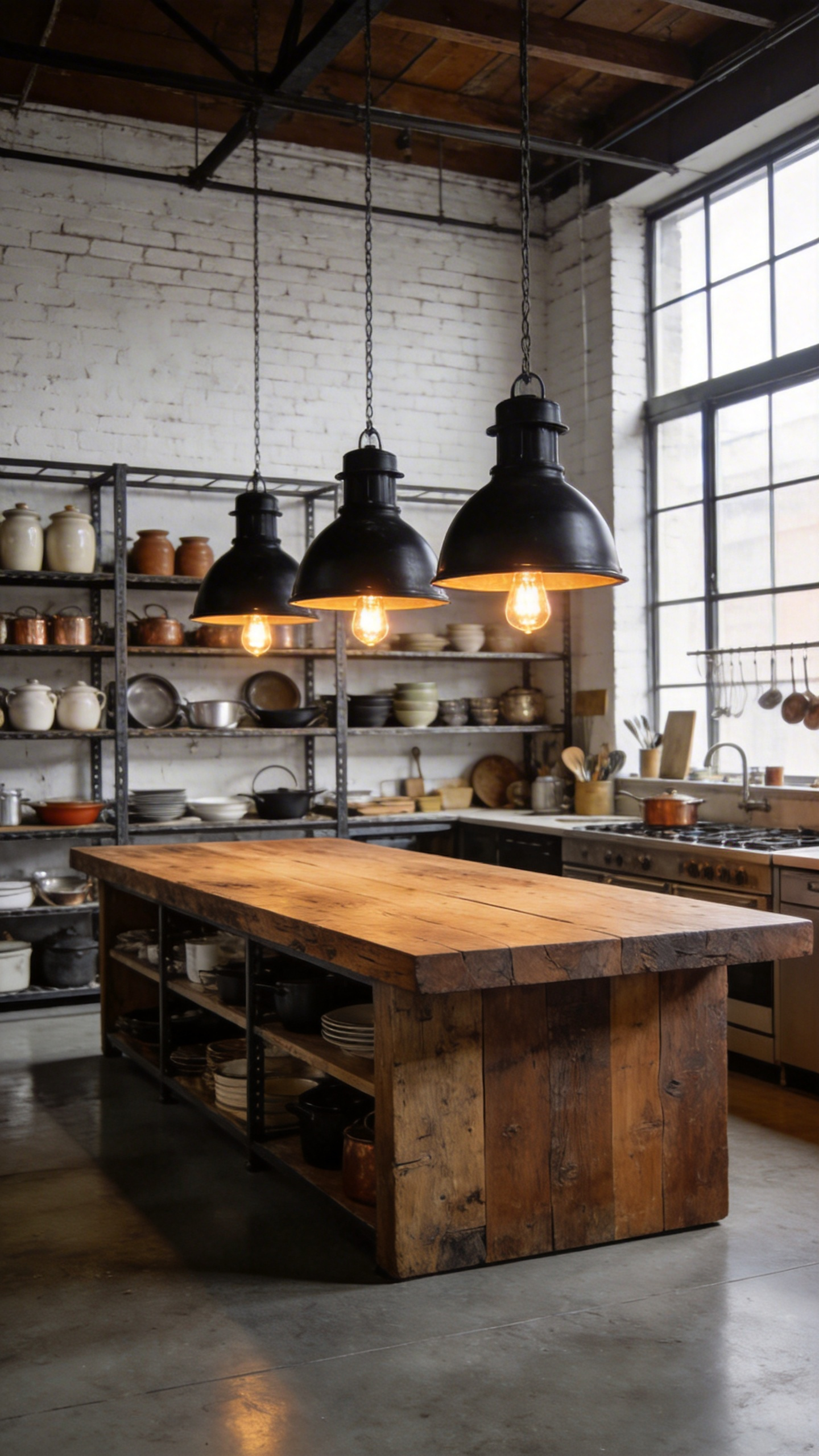 A spacious industrial-style kitchen featuring a wooden workbench and hanging black industrial pendant lights in a studio-like setting.