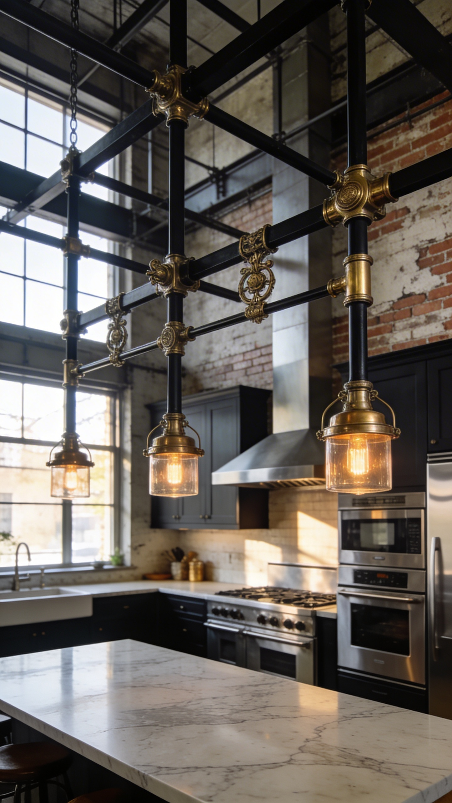 A wide shot of an industrial kitchen featuring pendant lights made from a mix of black steel and brass hanging over a central island.