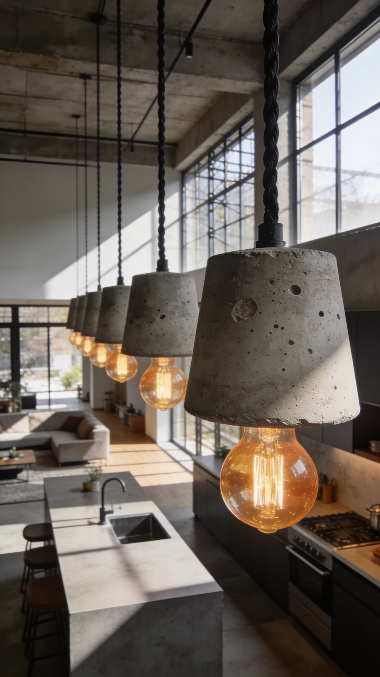 A series of industrial kitchen lights crafted from raw concrete hanging over an island in a modern open-concept kitchen.