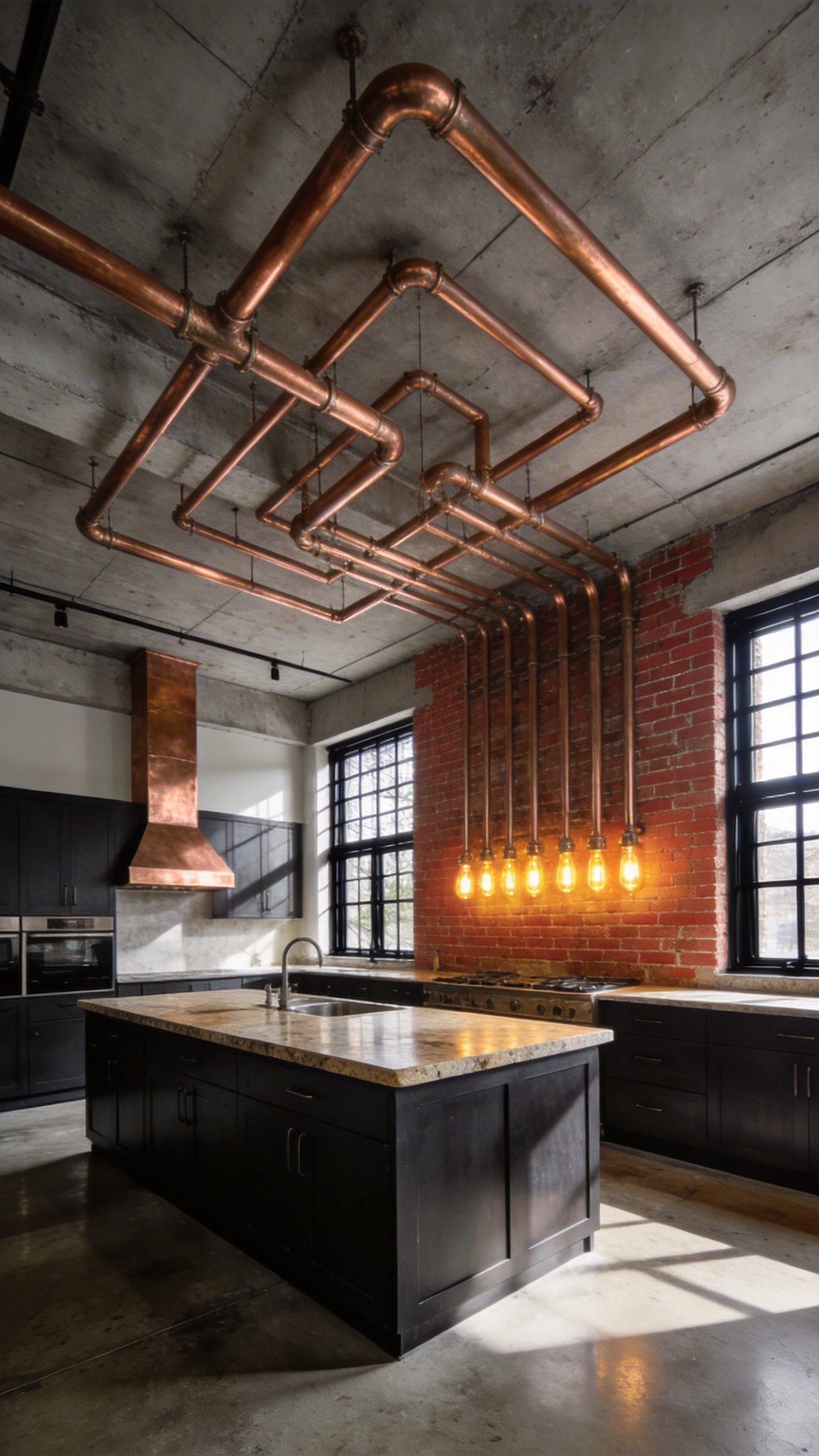 A modern industrial kitchen featuring elaborate raw copper piping light fixtures installed across a concrete ceiling and brick wall.