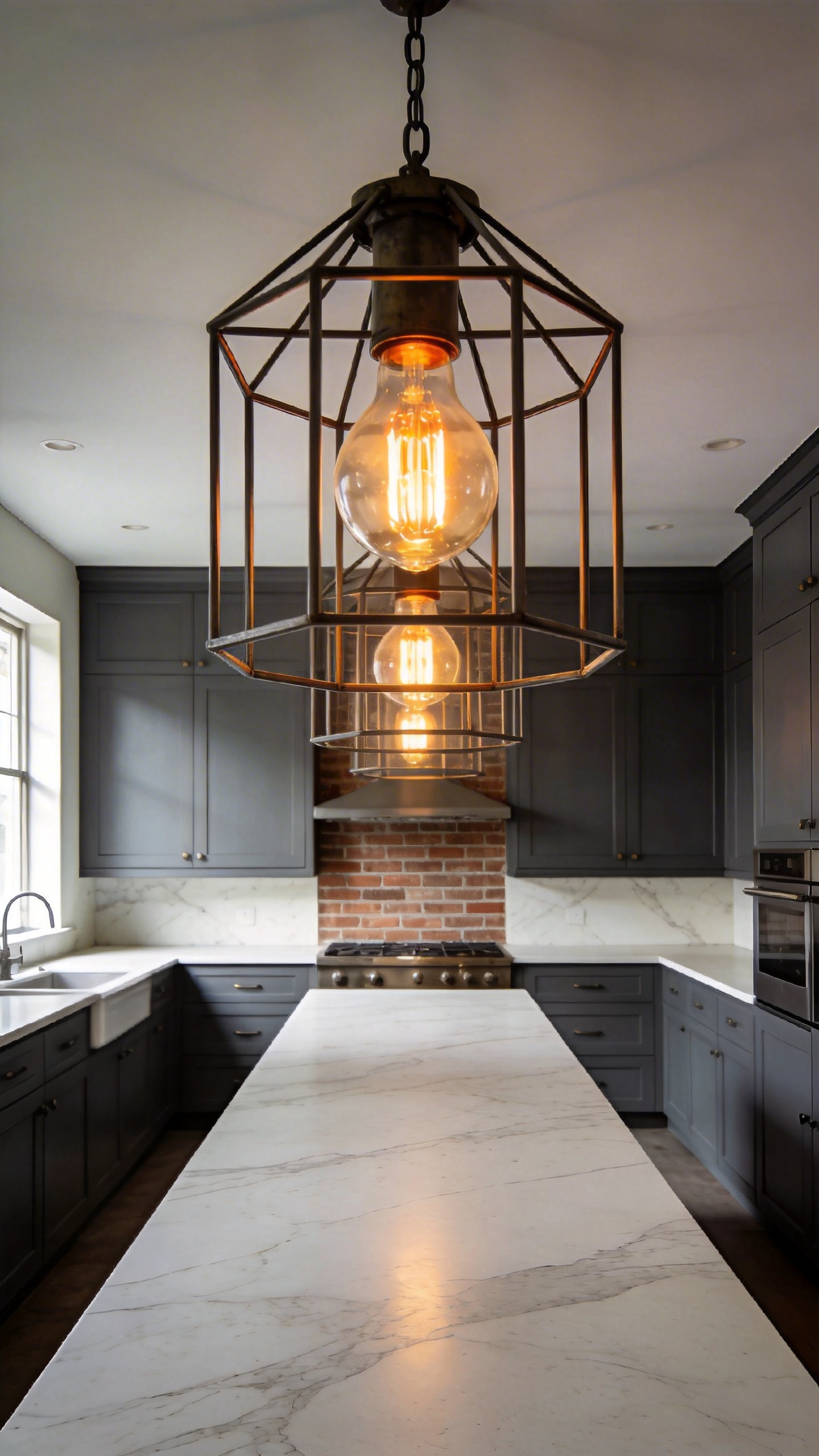 High-end modern kitchen featuring industrial pendant lights with exposed Edison bulbs and black metal cages over a marble island.