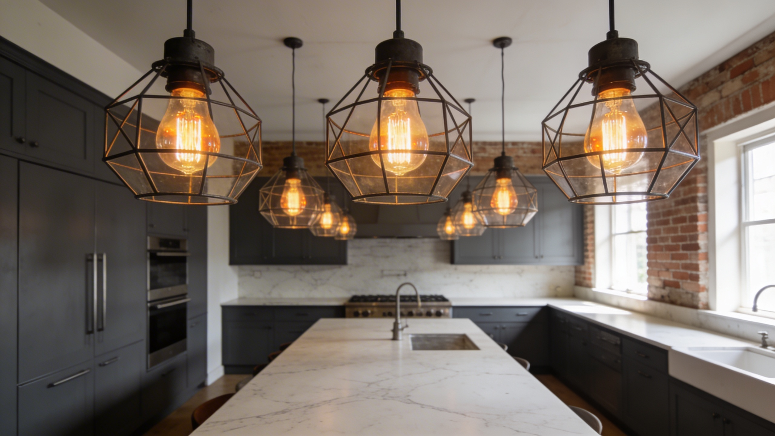 High-end modern kitchen featuring industrial pendant lights with exposed Edison bulbs and black metal cages over a marble island.