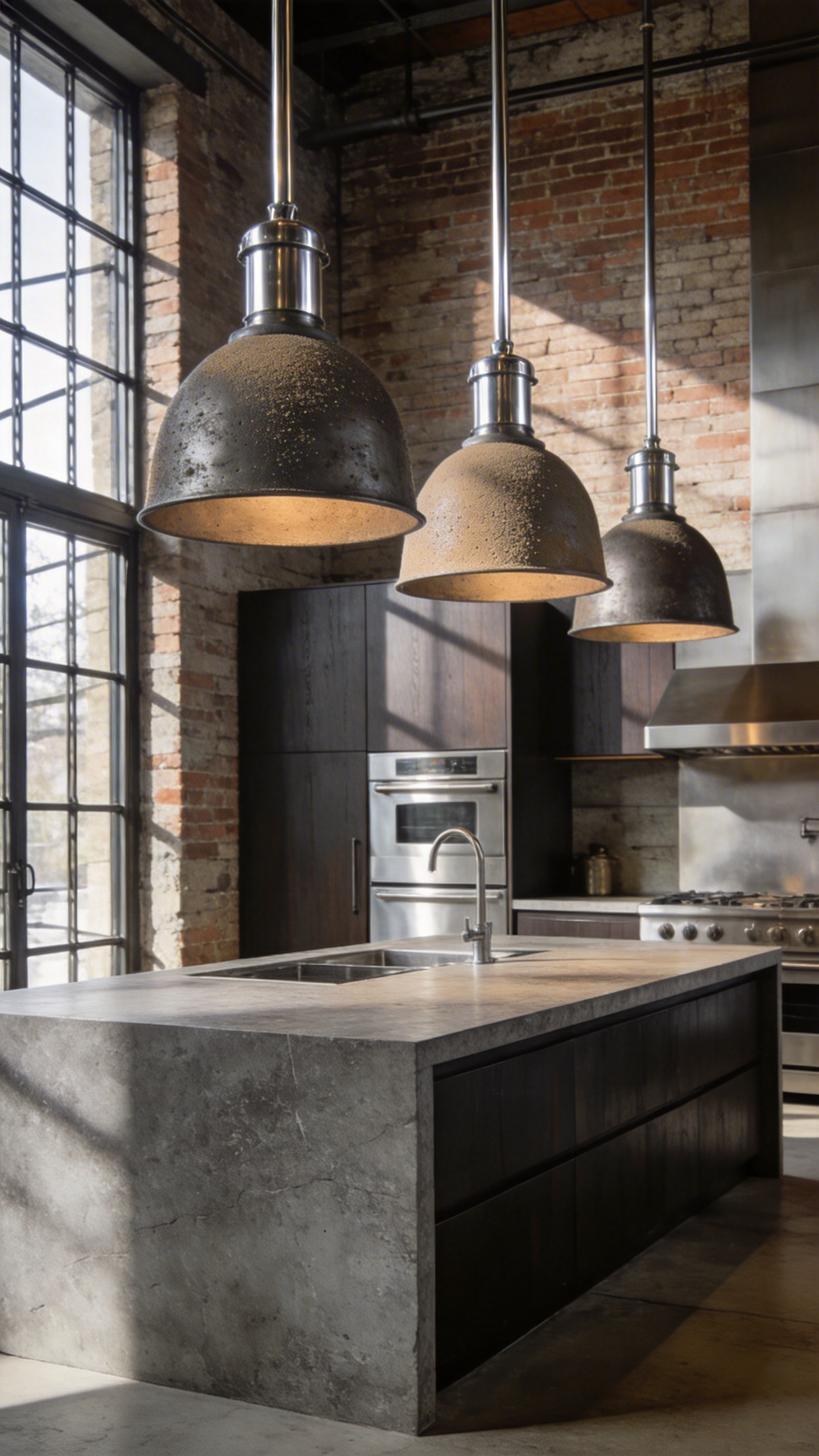 A spacious industrial kitchen featuring large pendant lights that combine textured sand-cast iron with smooth cold-rolled steel over a stone island.