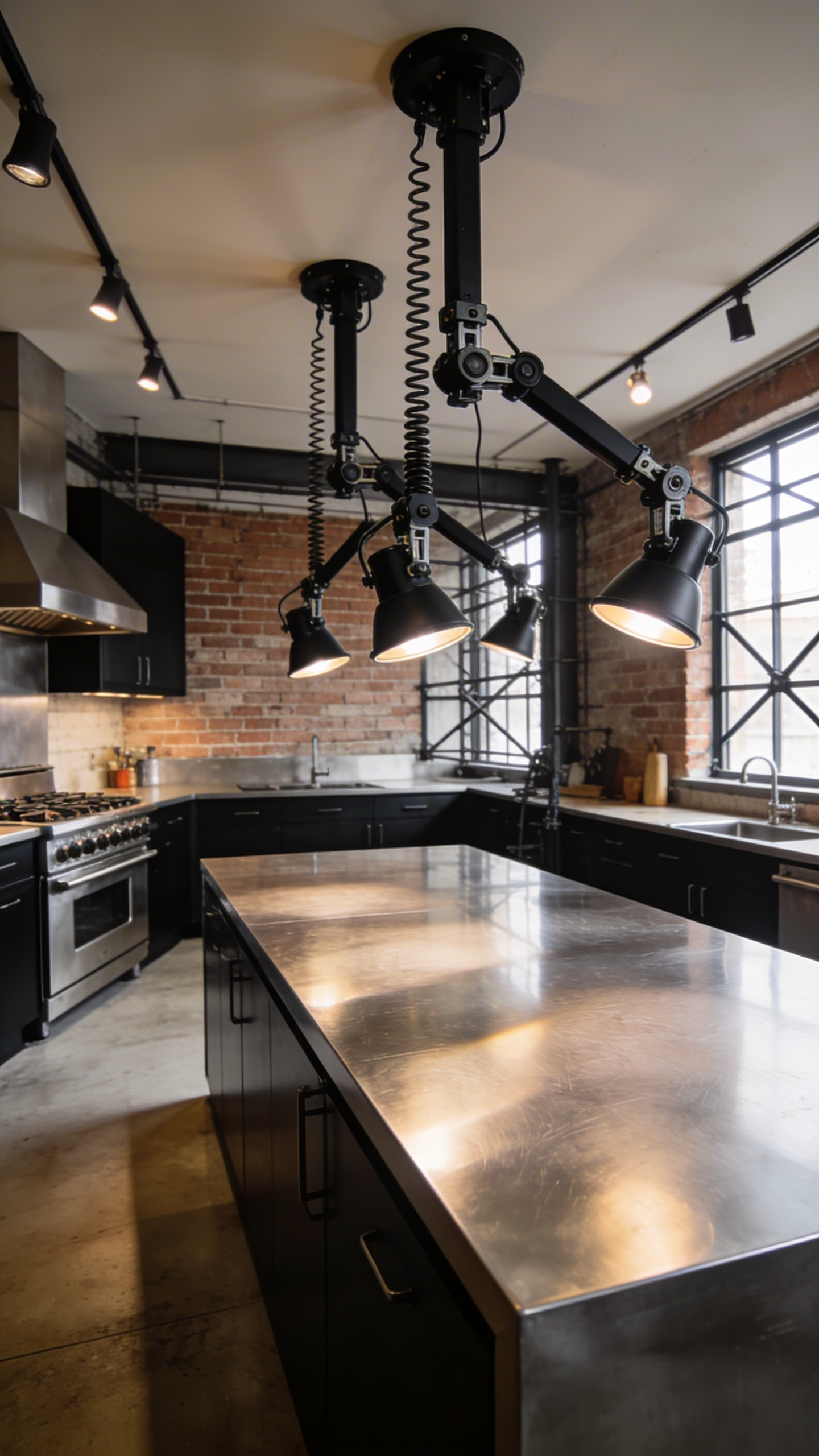 A professional industrial kitchen with several adjustable black swing-arm lights hanging over a stainless steel island in a studio-style setting.