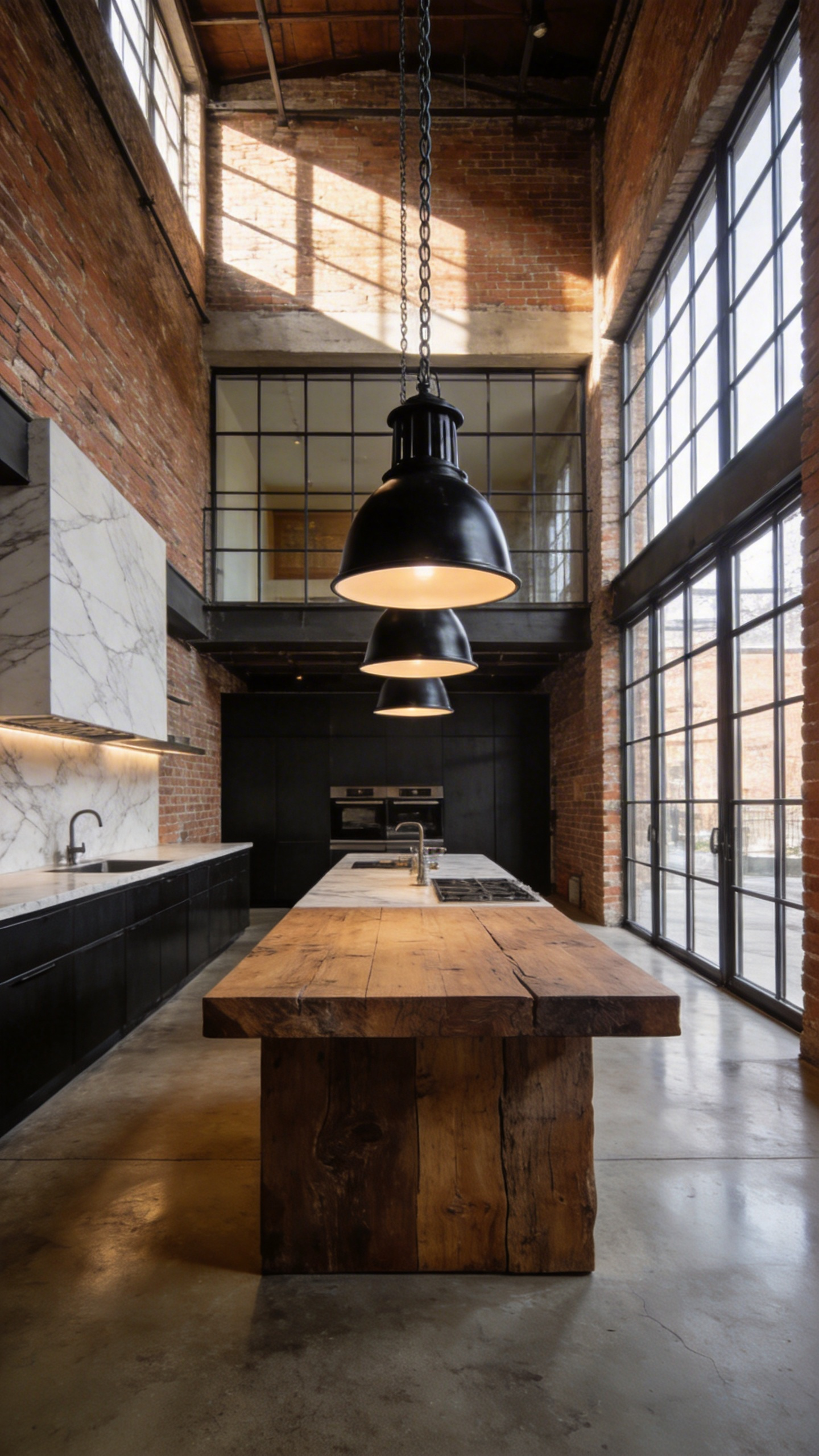 Large industrial kitchen light pendants hanging in a high-ceilinged warehouse-style residential kitchen with exposed brick.