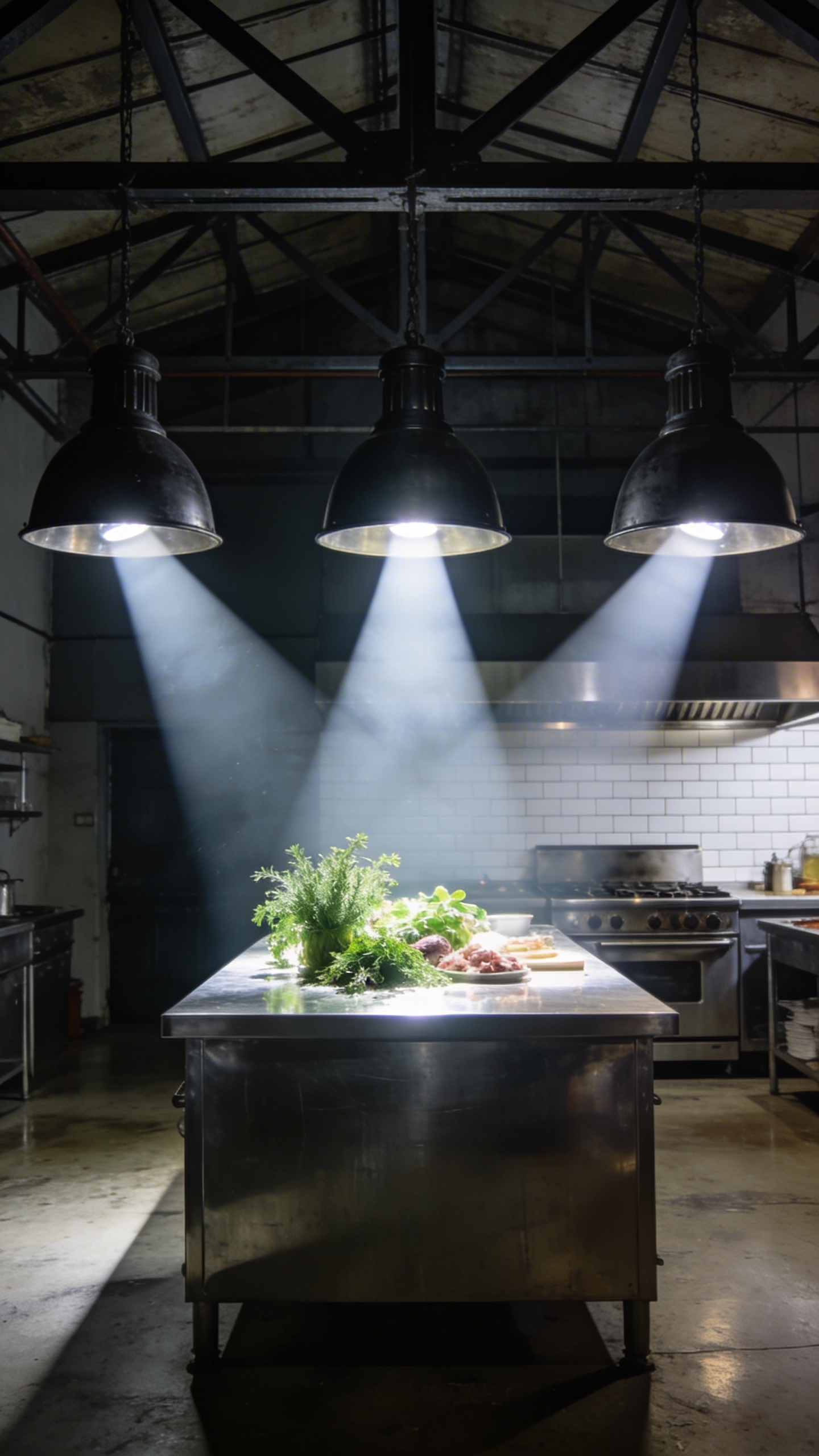 A professional industrial kitchen featuring black spun-metal RLM pendant lights casting focused task lighting onto a stainless steel island with fresh herbs.