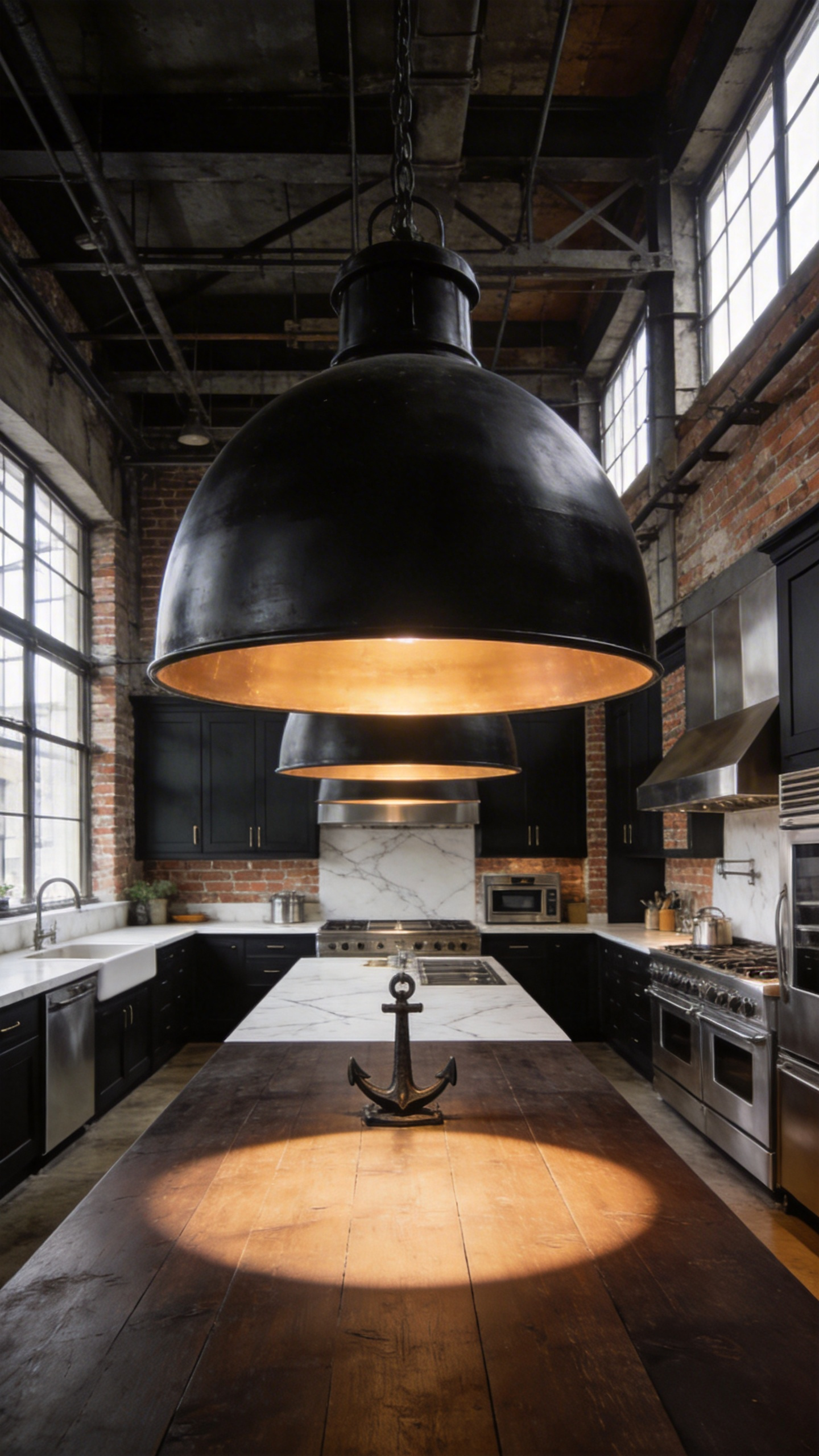 Two large matte black industrial dome pendant lights hanging low over a wooden kitchen island in a bright, modern open-plan home.