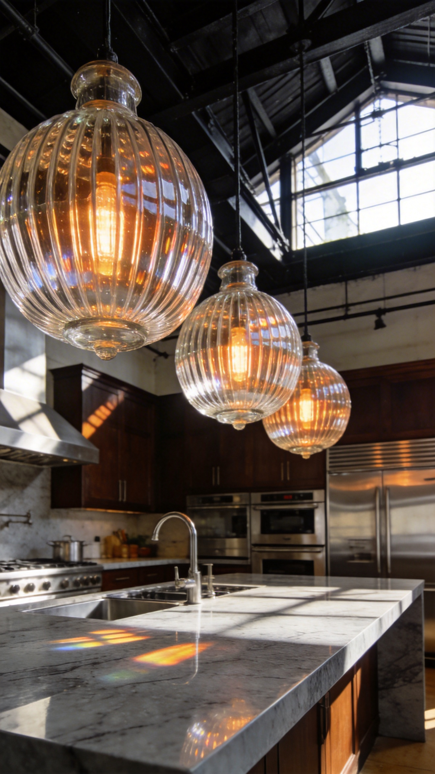 Three vintage-style prismatic glass pendant lights hanging over a large marble island in a modern industrial kitchen with exposed beams and stainless steel appliances.