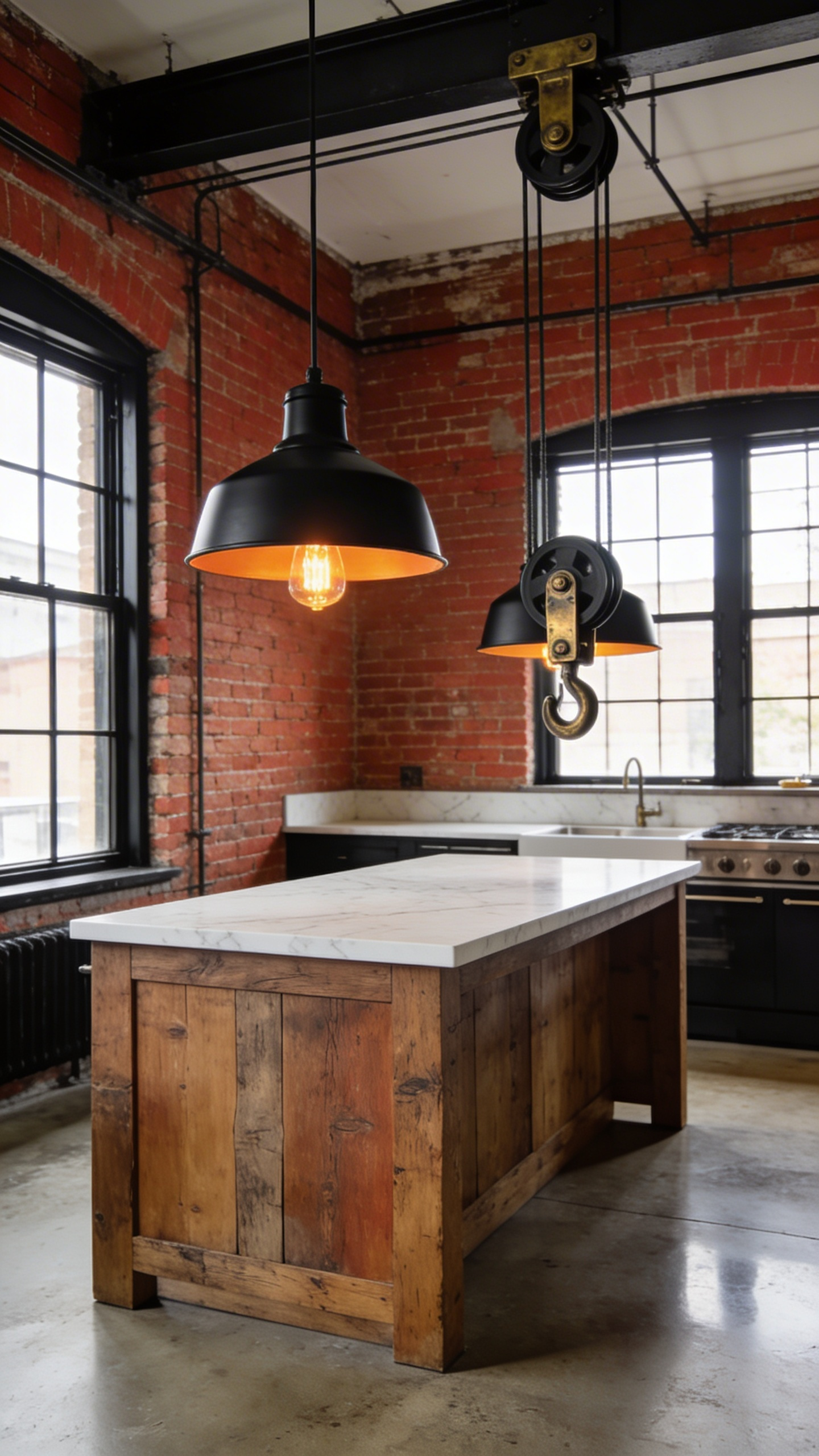 A wide professional shot of an industrial kitchen featuring black retractable pulley pendant lights over a large island with an exposed brick background.
