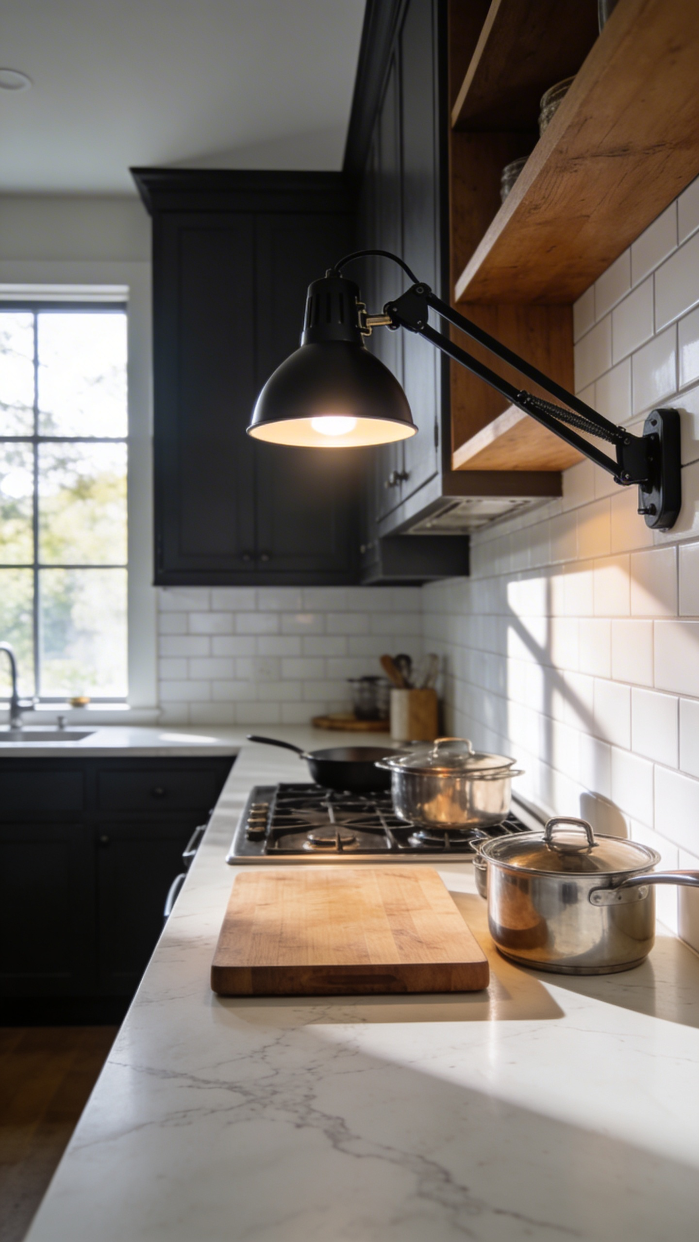 A modern industrial kitchen featuring a matte black scissor-arm wall lamp extended over a marble countertop for task lighting.