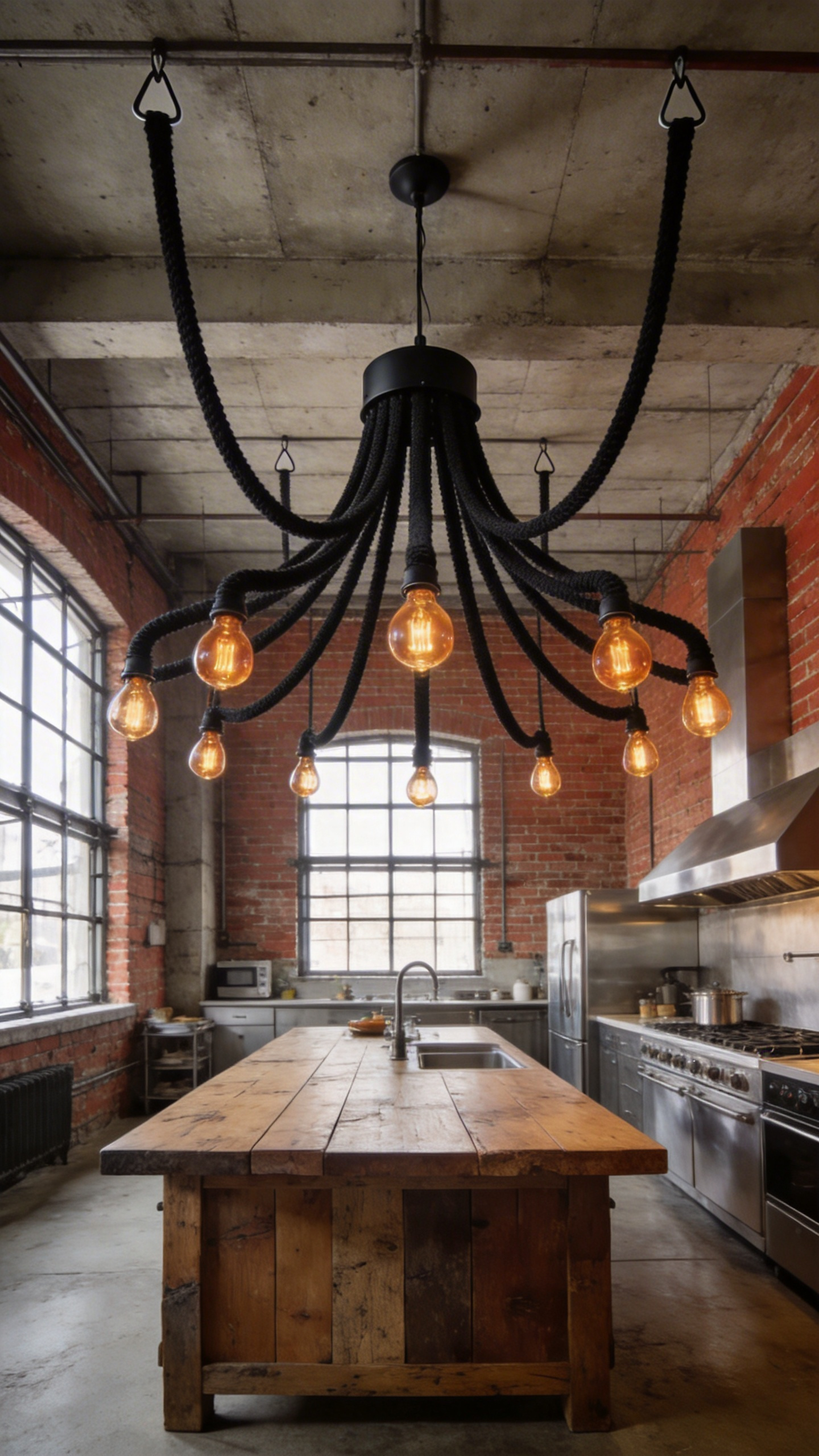 An industrial kitchen with a black spider multi-light fixture draped across the ceiling over a wooden island and exposed brick walls.