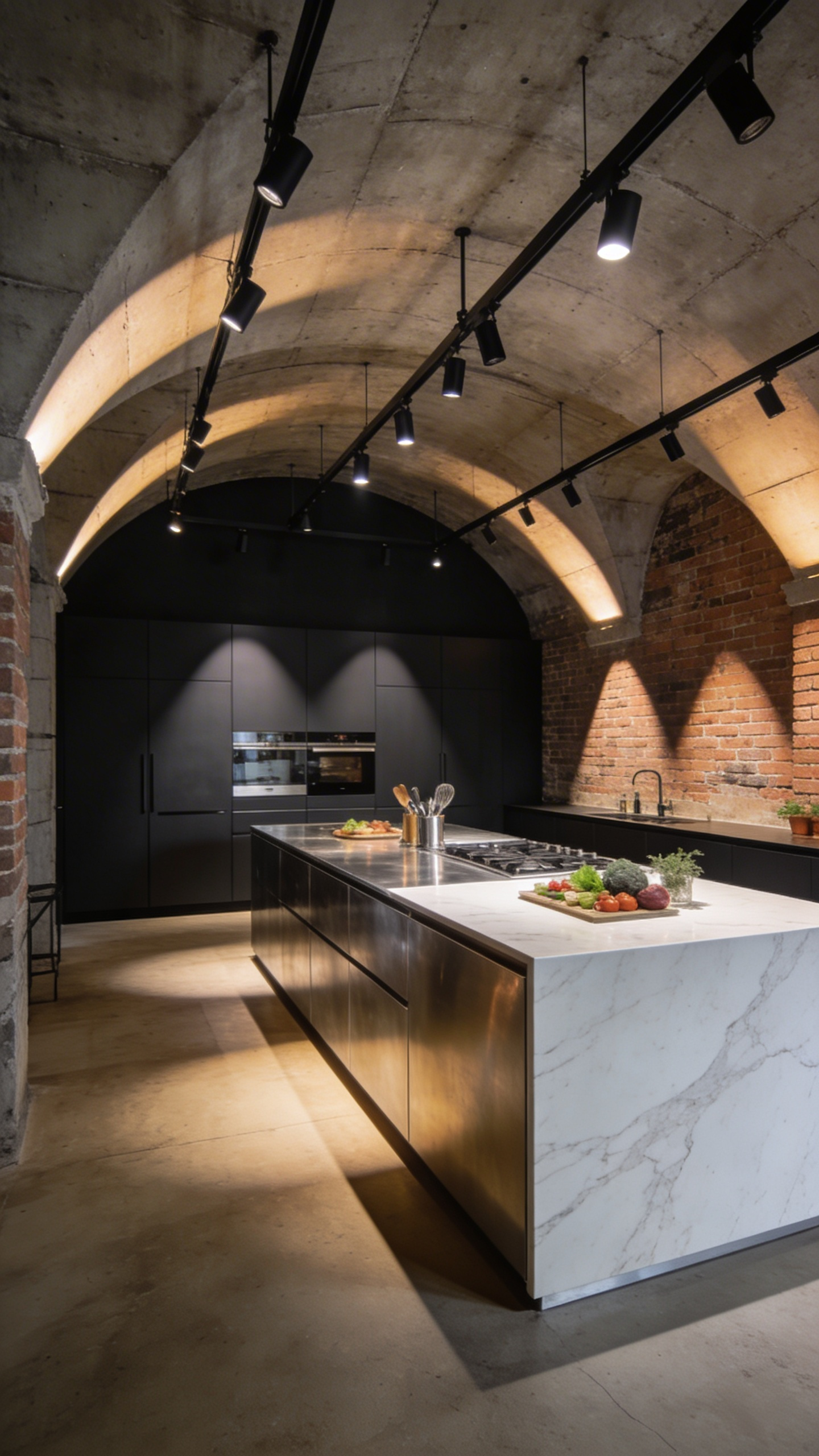 A spacious industrial kitchen with professional black track lighting spotlighting a stainless steel island and marble countertops in a gallery-like setting.