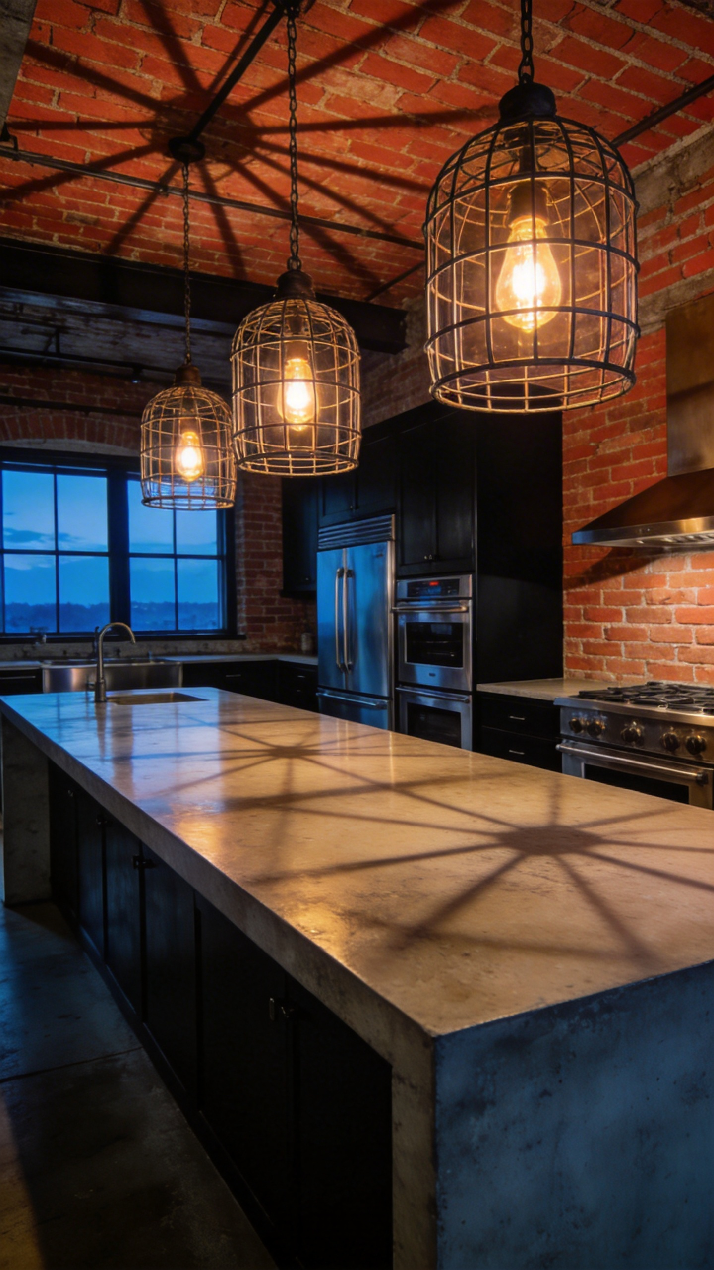A modern industrial kitchen featuring three wire cage pendant lights hanging over a concrete island with geometric shadows on an exposed brick wall.