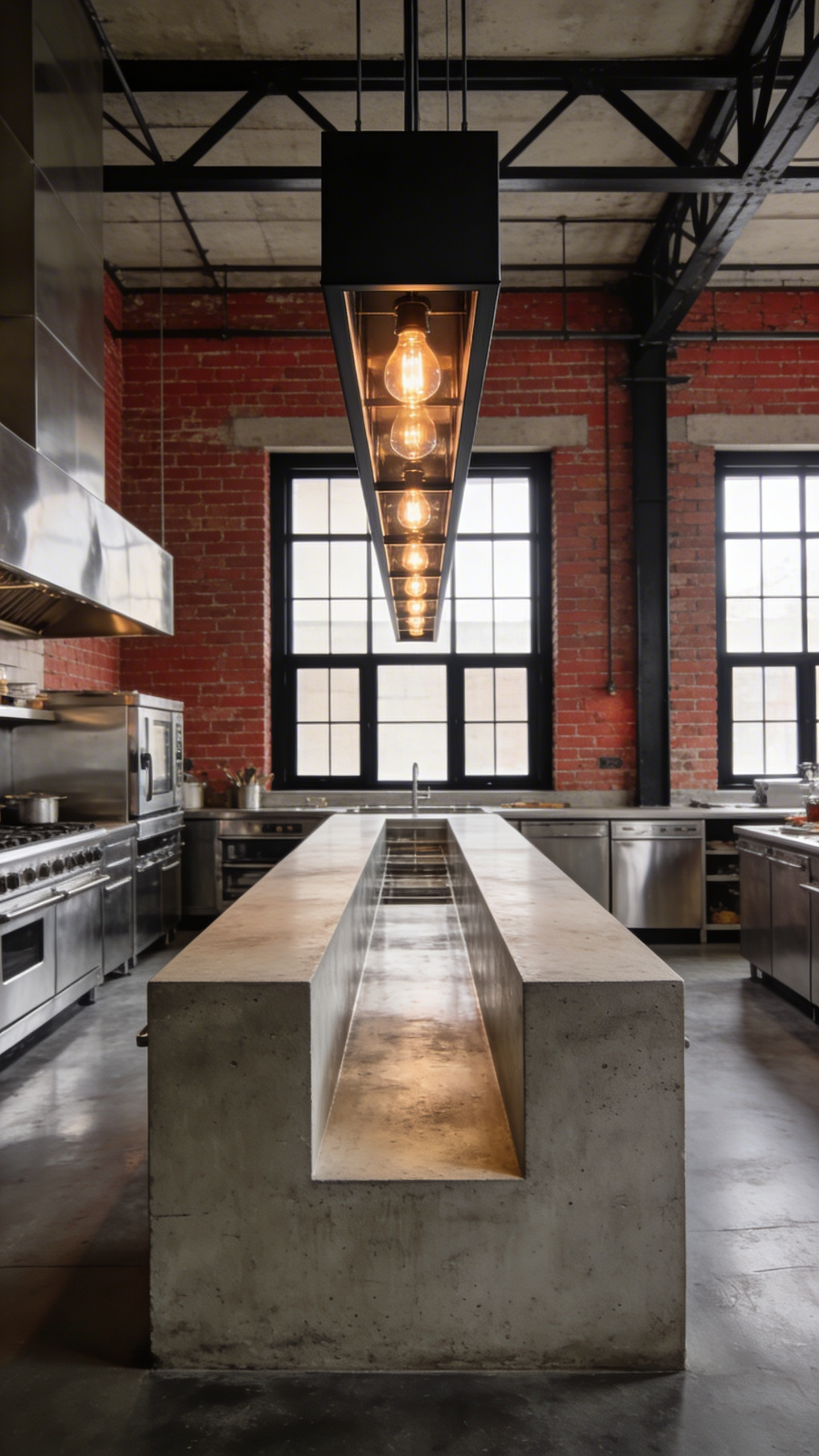 A long industrial linear suspension light fixture hanging over a modern kitchen island with concrete countertops and stainless steel accents.