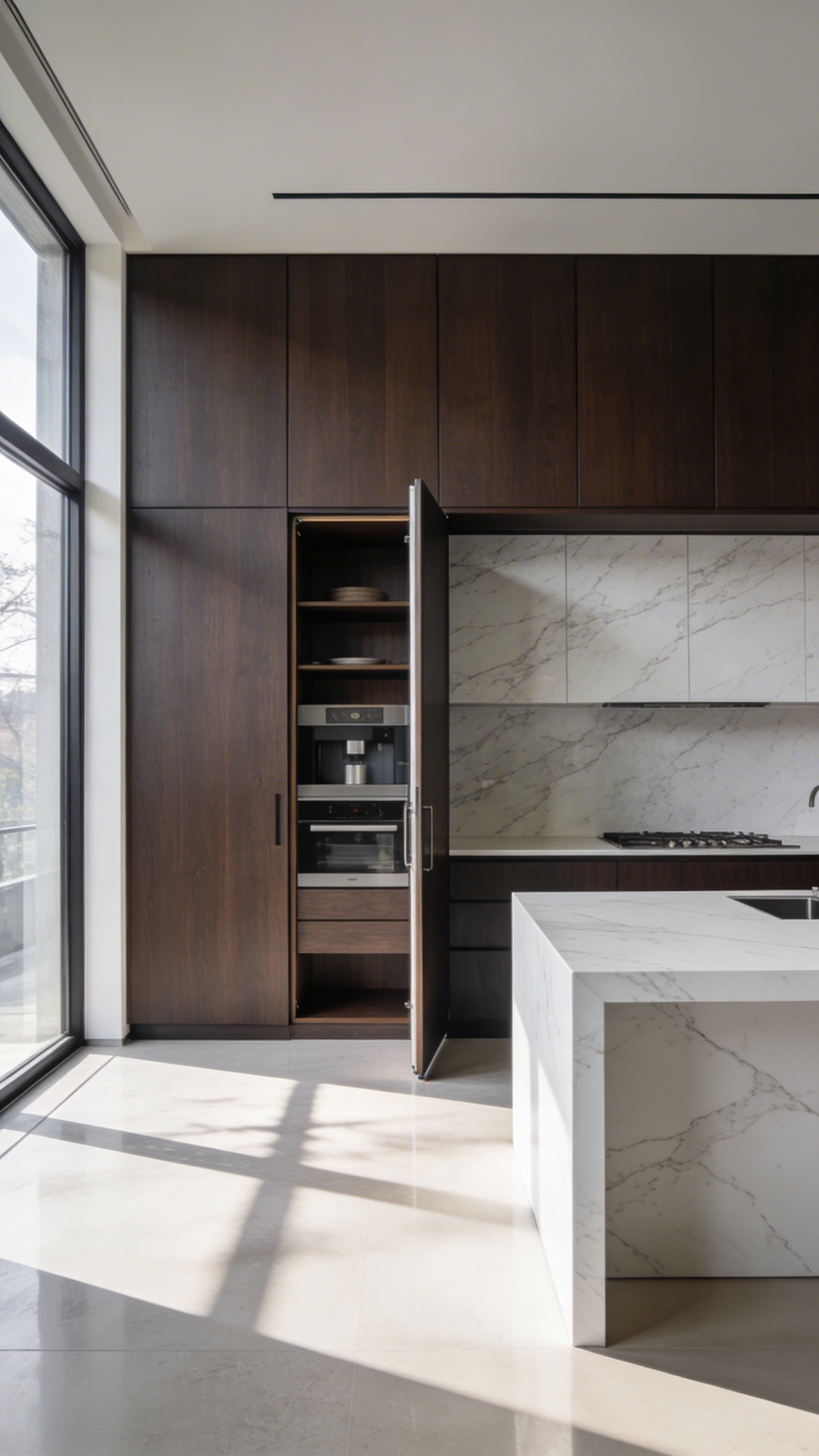 A modern minimalist kitchen with seamless floor-to-ceiling dark wood cabinets and a marble island illustrating integrated hidden storage furniture ideas.