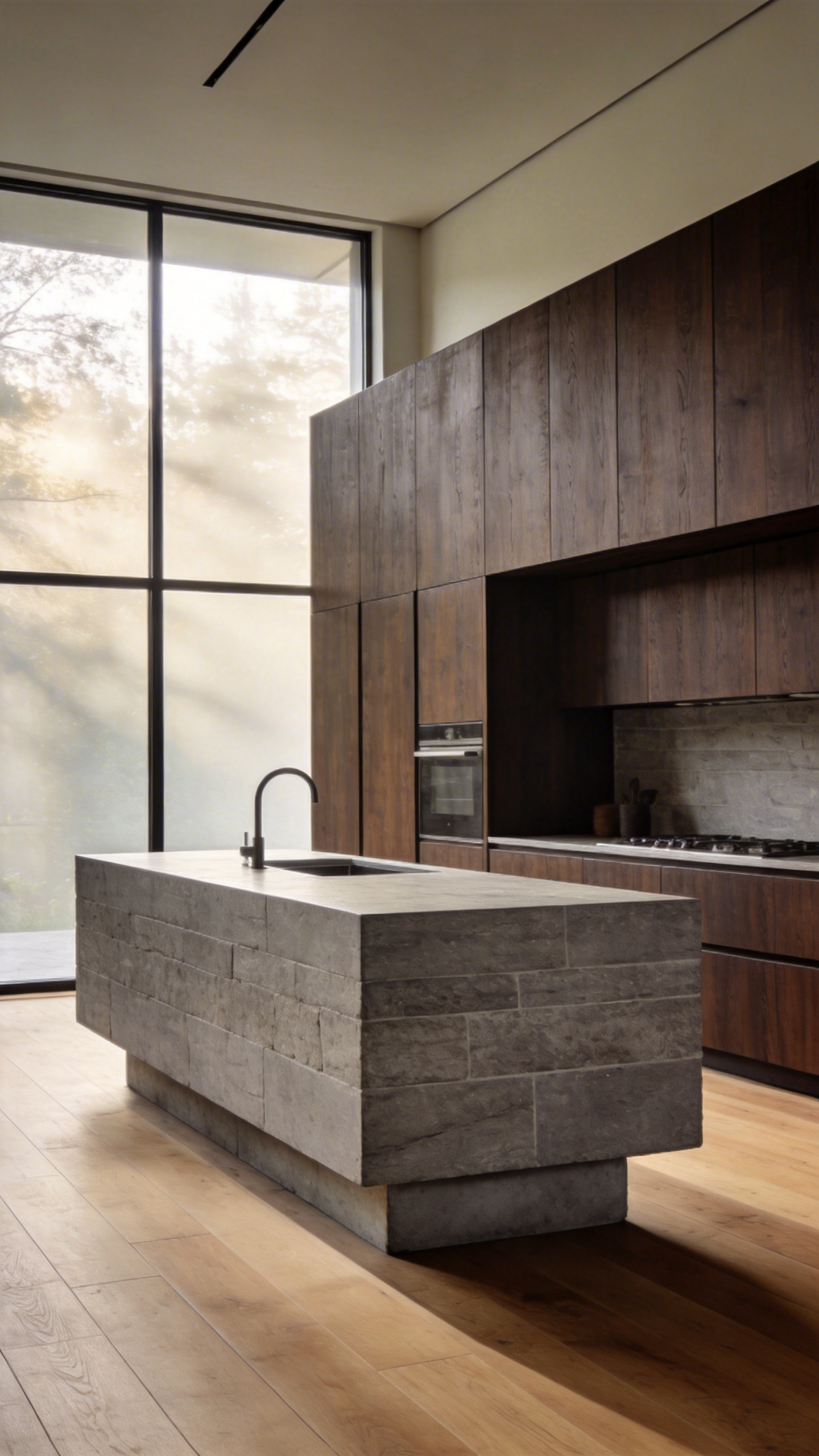 Modern kitchen design featuring a heavy stone island and solid plinth cabinetry without toe-kicks to create a grounded architectural look.