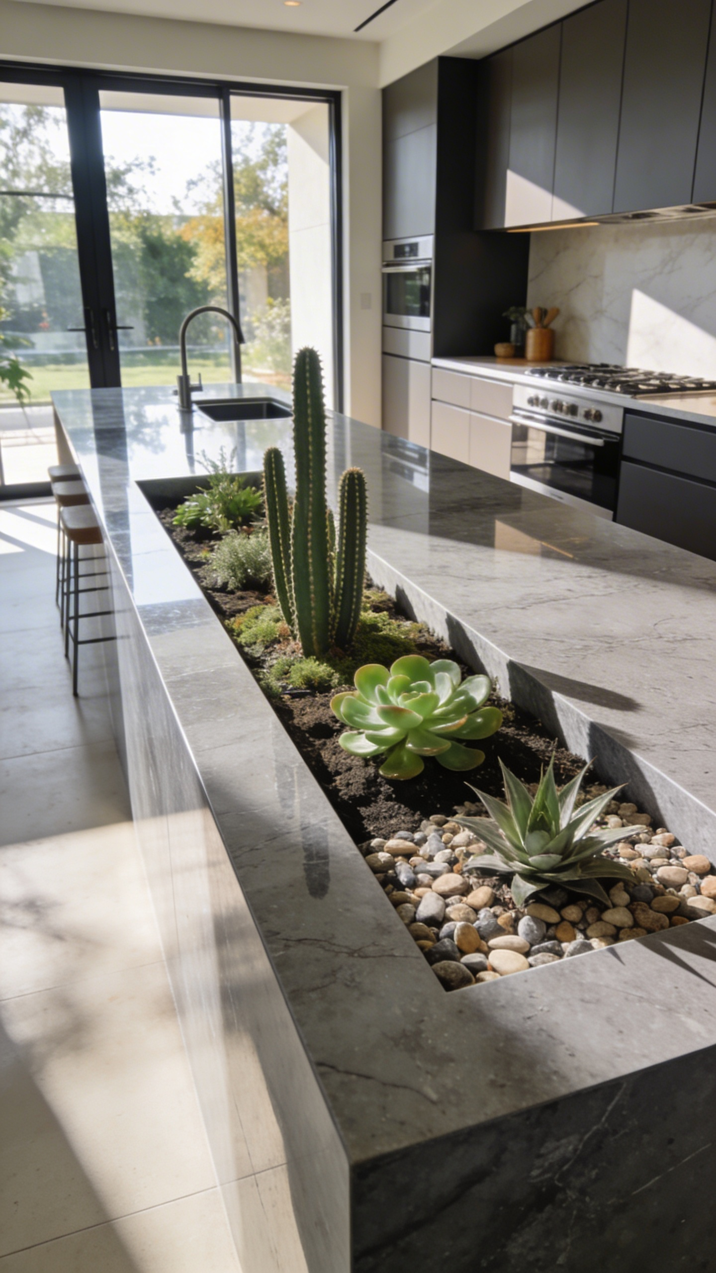A modern kitchen island with an integrated stone planter containing various drought-resistant succulent plants.