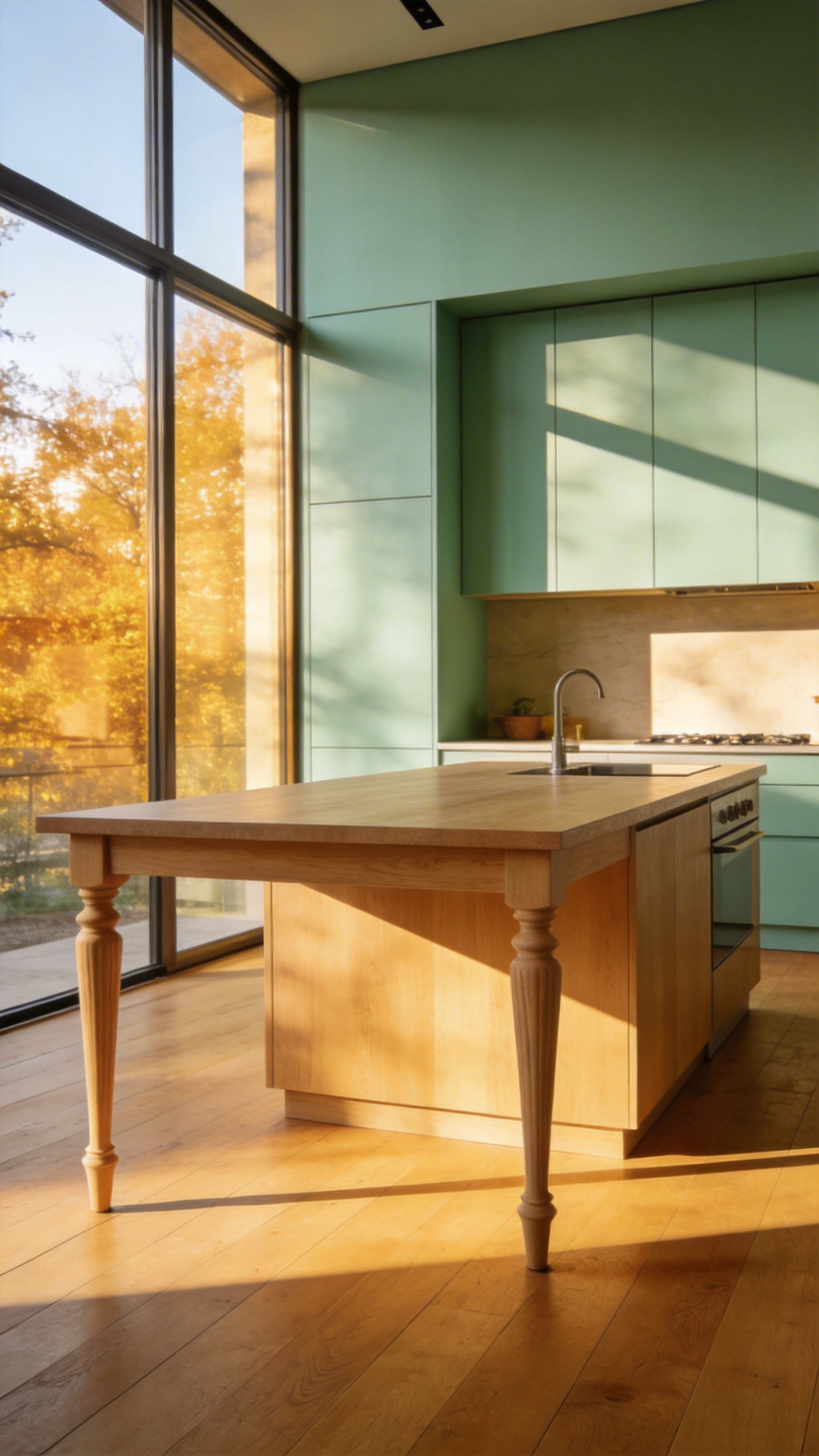 A bright modern kitchen showcasing a furniture-style island on tapered legs that allows light to travel across the continuous wood flooring.