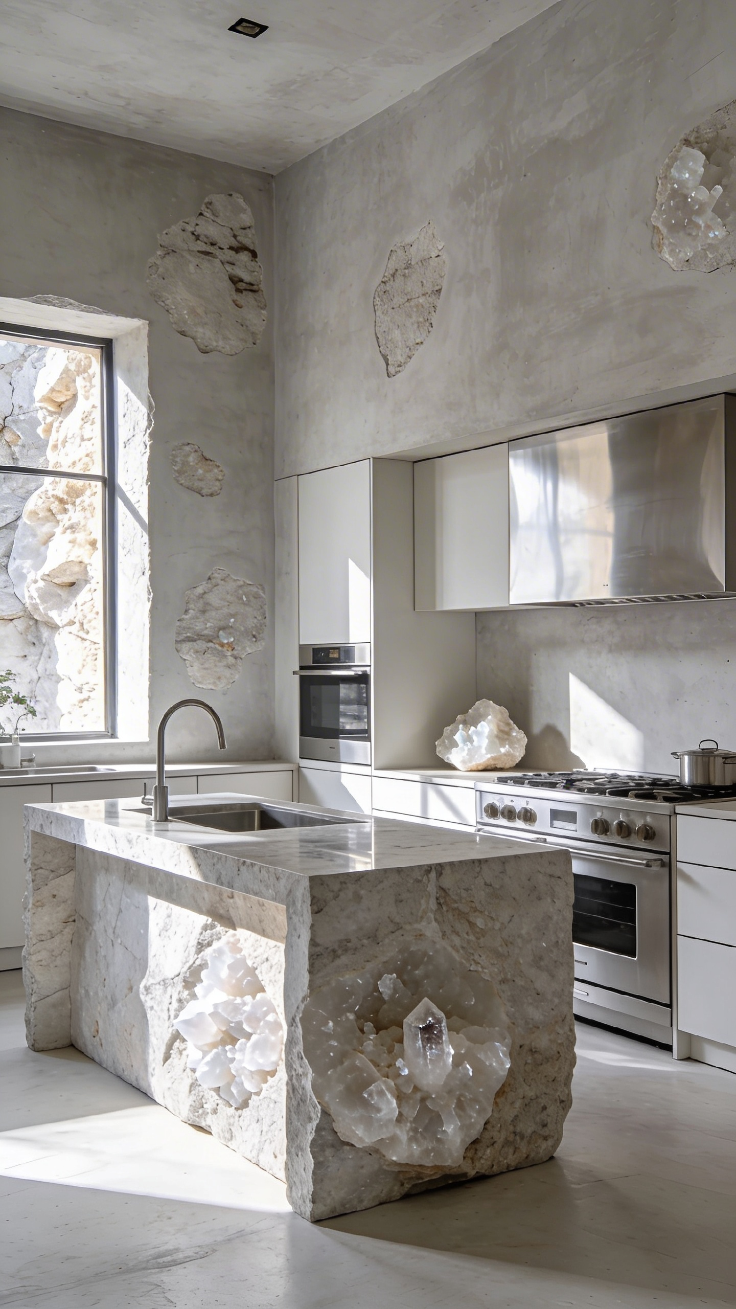A bright modern kitchen featuring textured limewash walls and minimalist furniture with a large stone island.