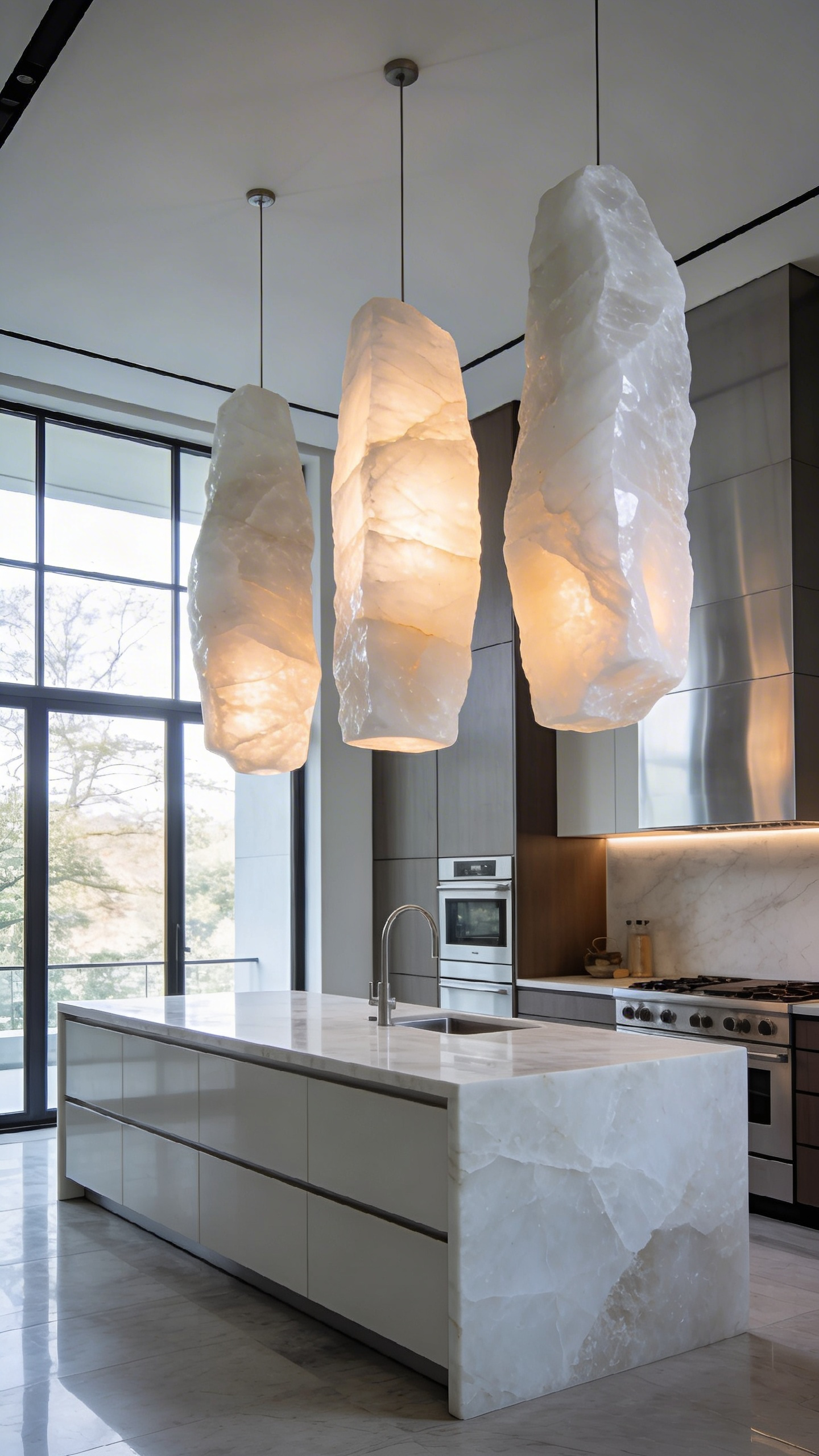 A modern kitchen with large glowing alabaster pendant lights hanging over a white quartz island and stainless steel surfaces.