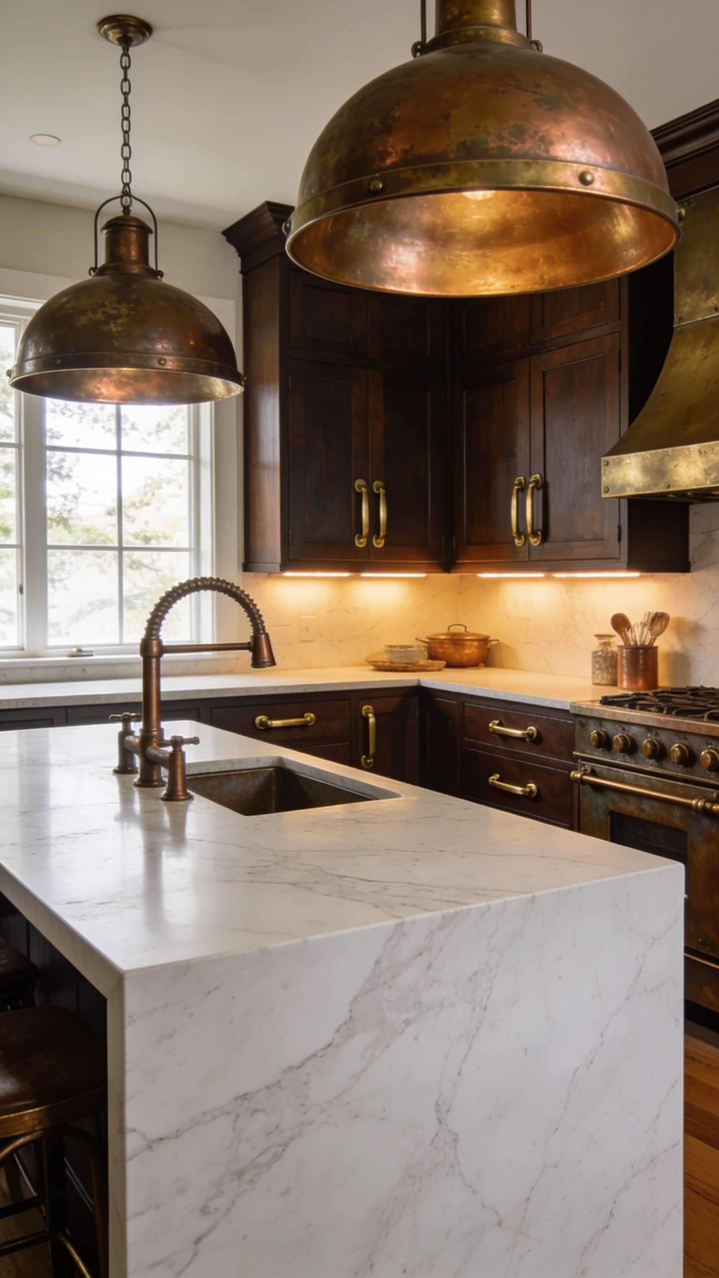 High-end kitchen interior showcasing mixed metal furniture ideas with unlacquered brass hardware and bronze light fixtures.