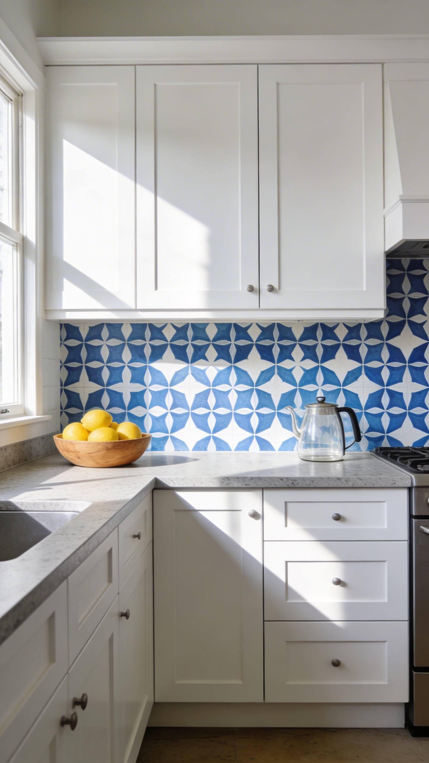A stylish kitchen featuring a patterned blue and white wallpaper backsplash installed between white cabinets and grey countertops to create a high-impact focal point.