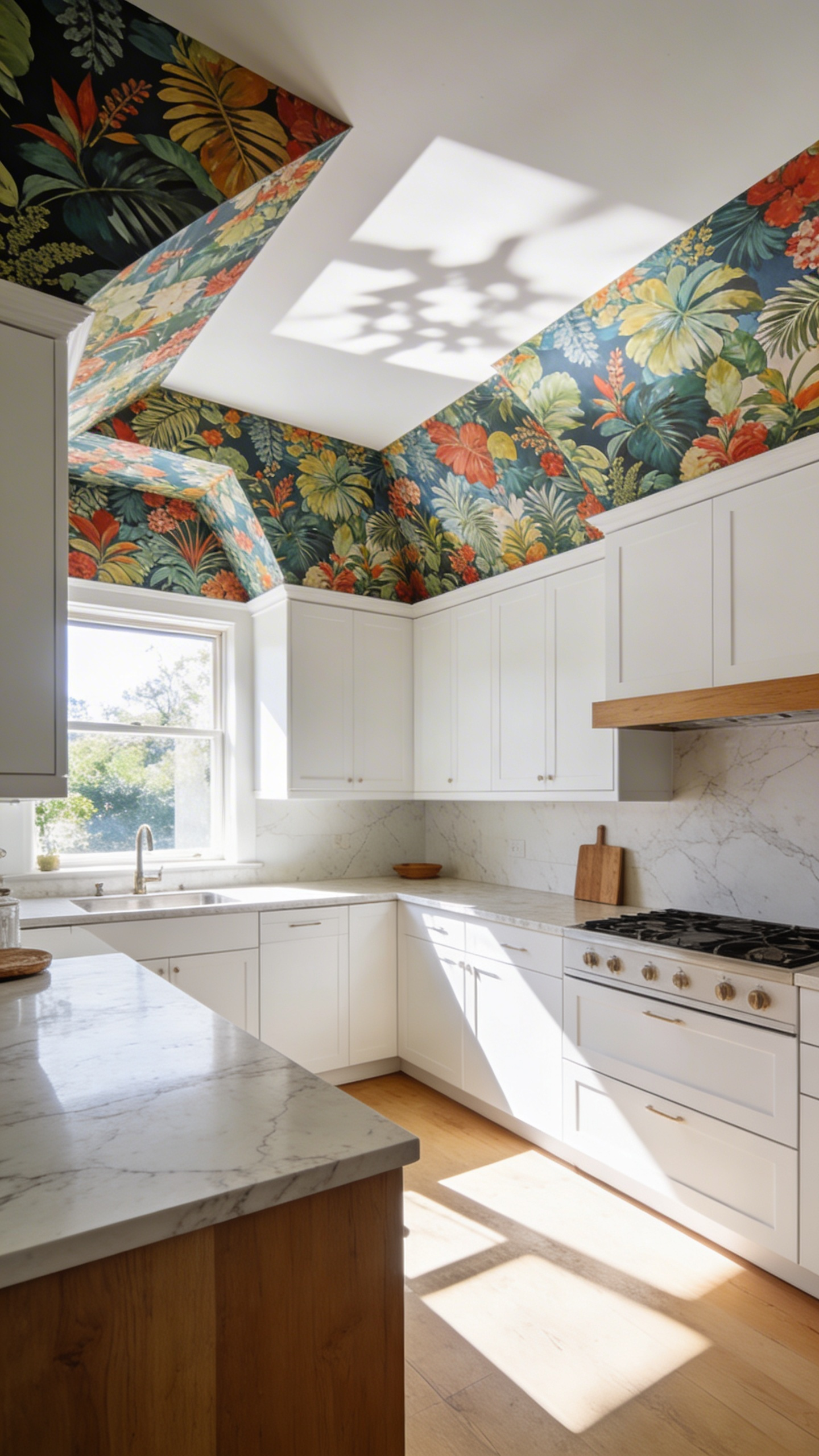 A bright kitchen featuring patterned wallpaper applied seamlessly across walls and architectural soffits above white cabinets.