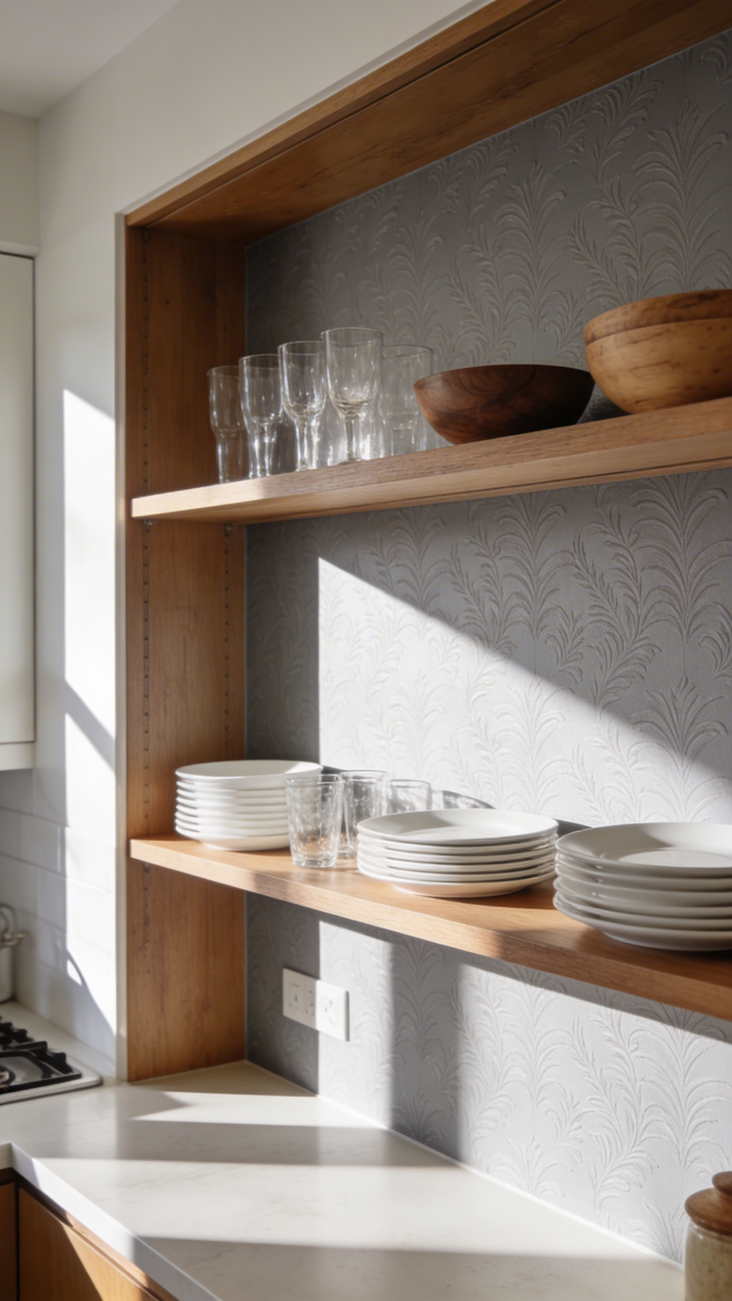 High-end kitchen with open shelves featuring textured wallpaper backing and neatly arranged dishware.