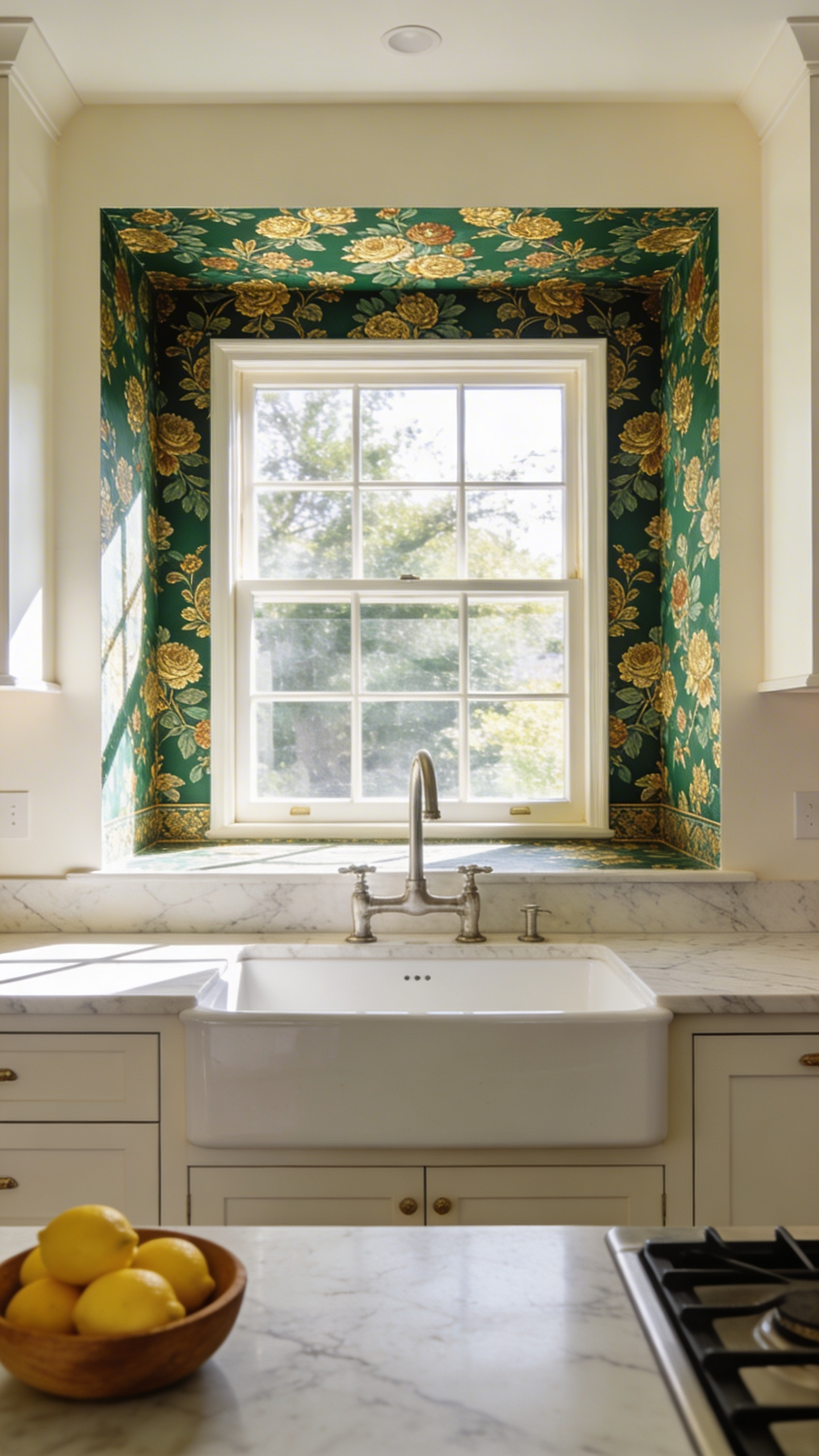 A kitchen window with colorful botanical wallpaper applied to the inner recessed frames for a designer-grade finish.