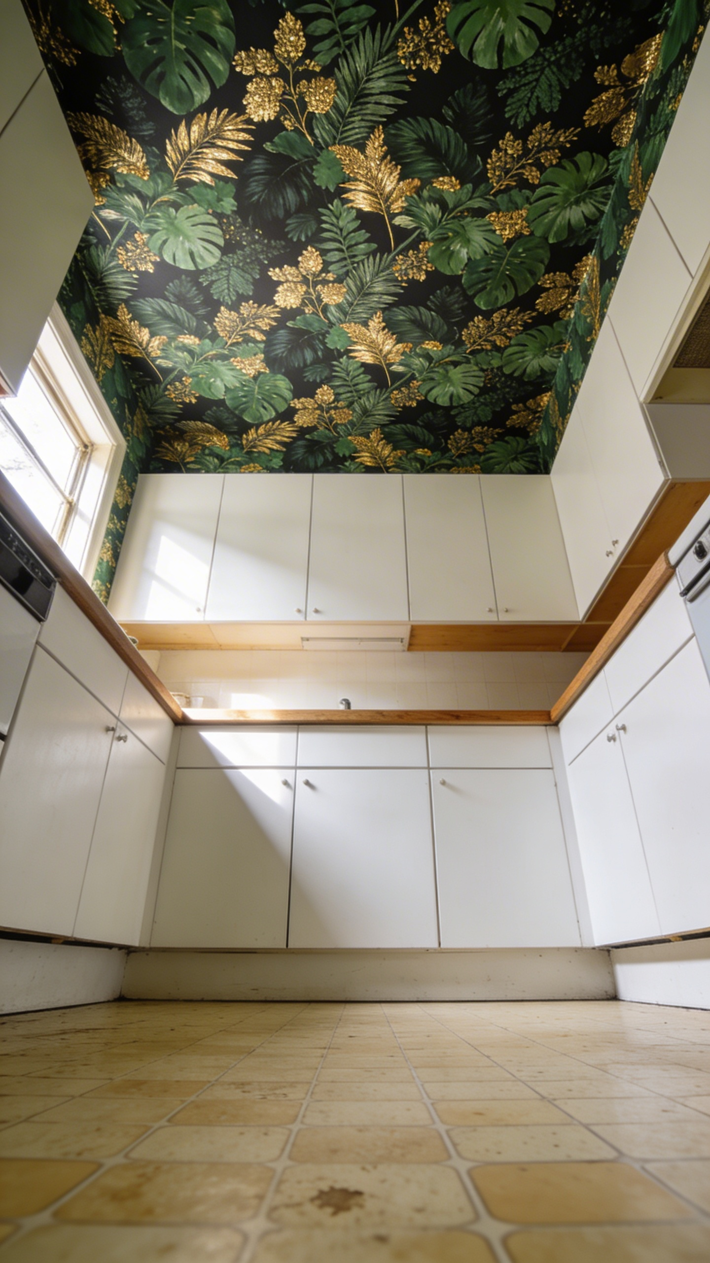 A kitchen with a bold botanical wallpapered ceiling designed to draw the eye upward and distract from dated linoleum floors.